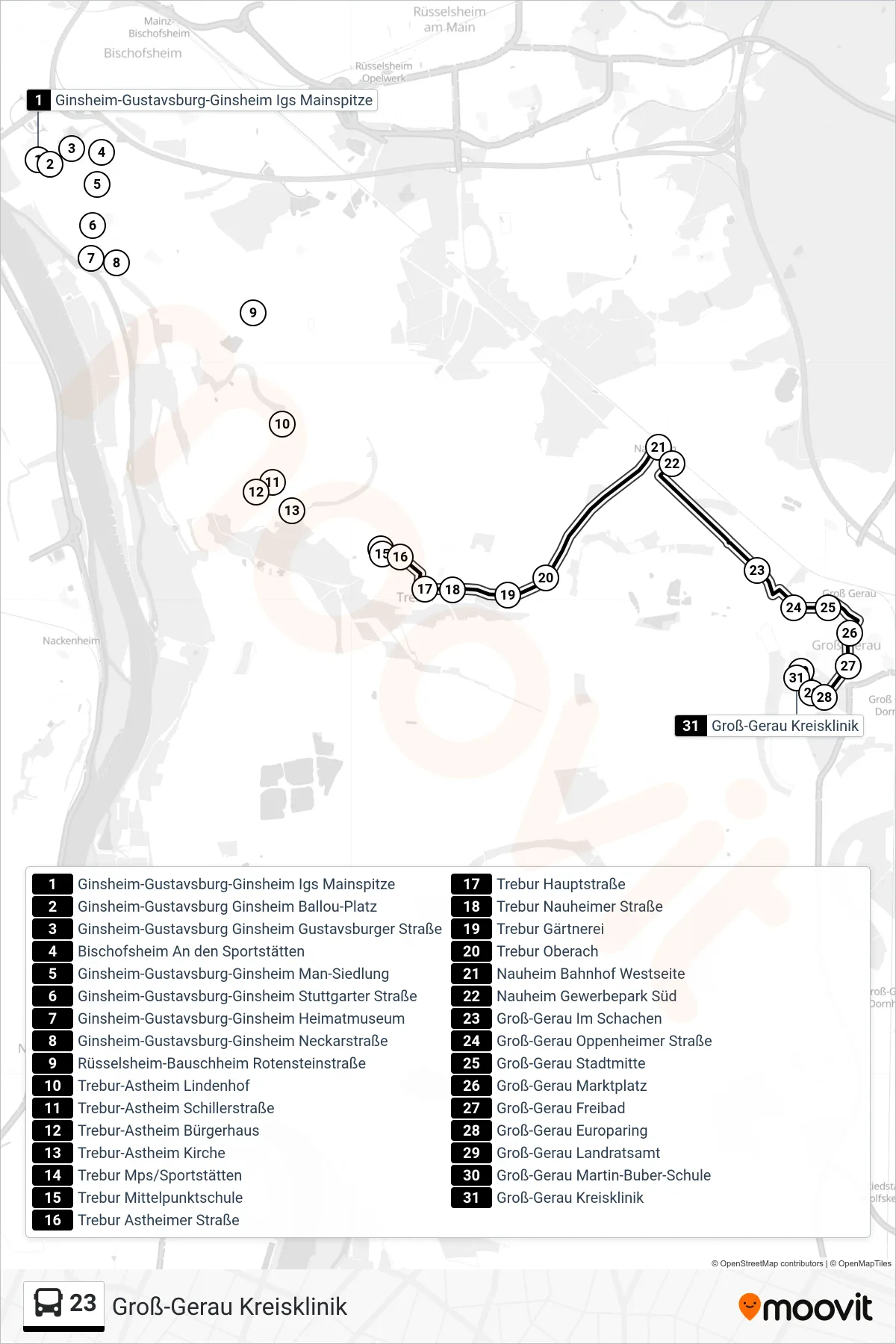 23 bus Line (Groß-Gerau Kreisklinik) route and stops on a map