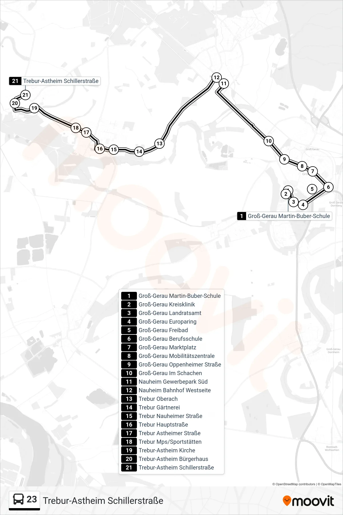 23 bus Line (Trebur-Astheim Schillerstraße) route and stops on a map