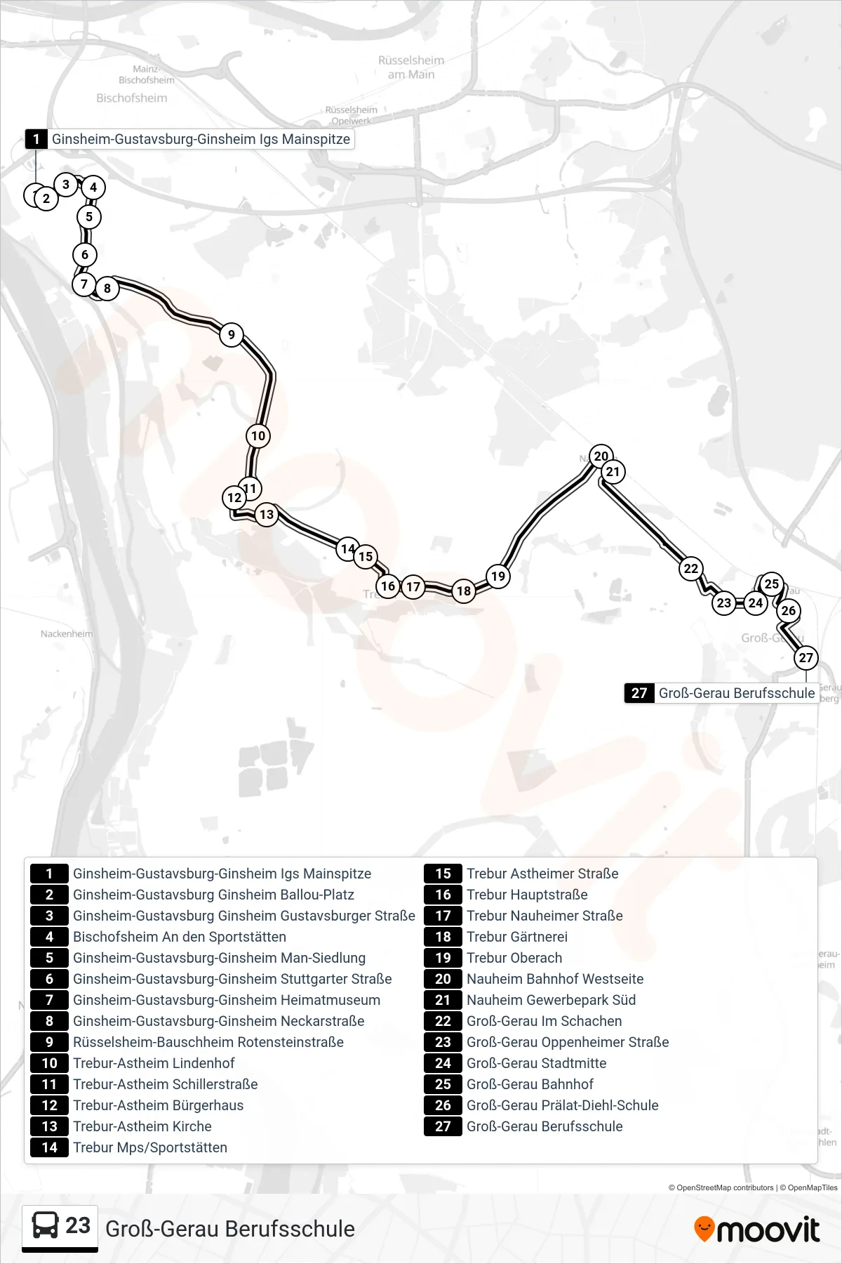 23 bus Line (Groß-Gerau Berufsschule) route and stops on a map