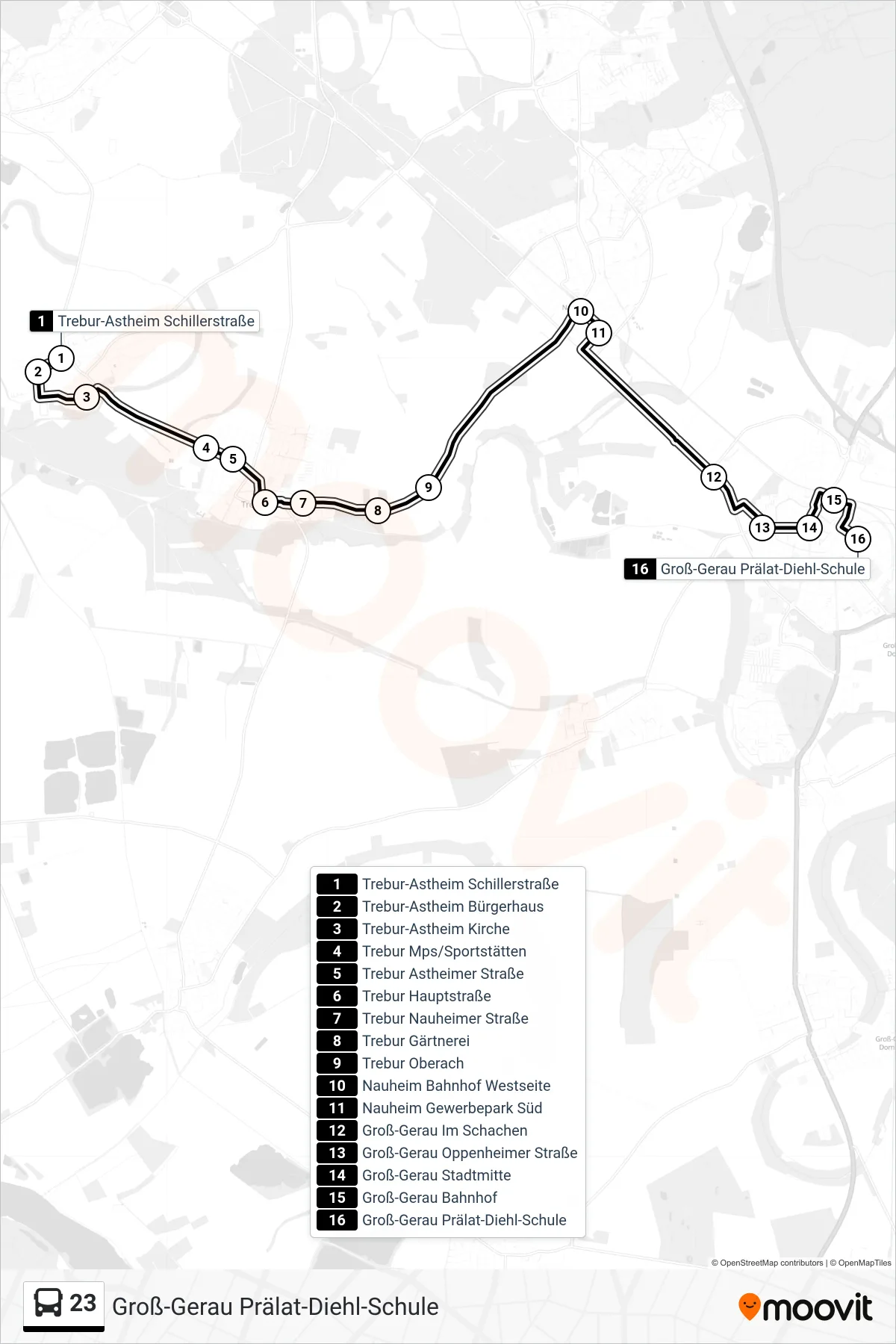 23 bus Line (Groß-Gerau Prälat-Diehl-Schule) route and stops on a map
