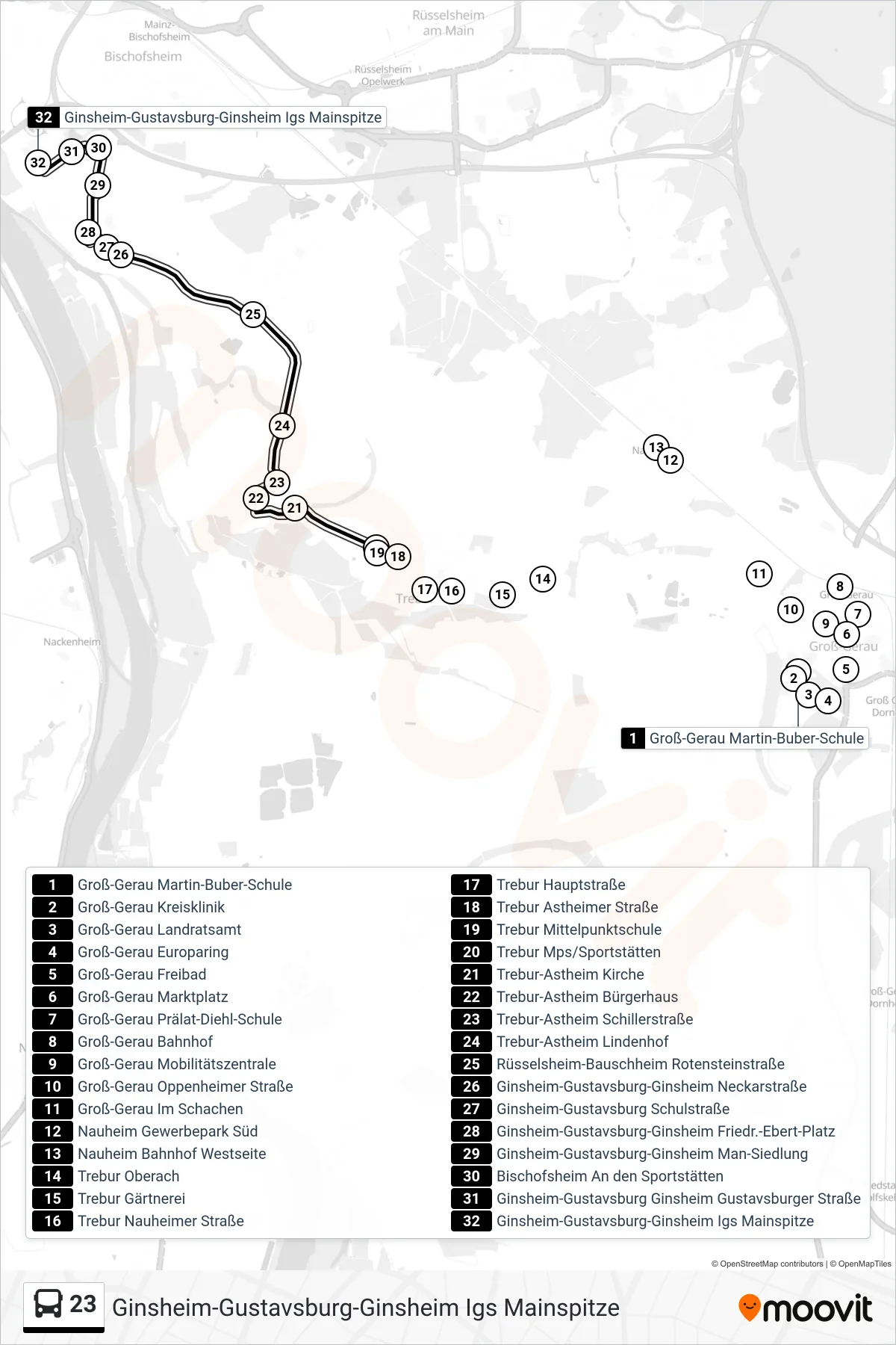 23 bus Line (Ginsheim-Gustavsburg-Ginsheim Igs Mainspitze) route and stops on a map