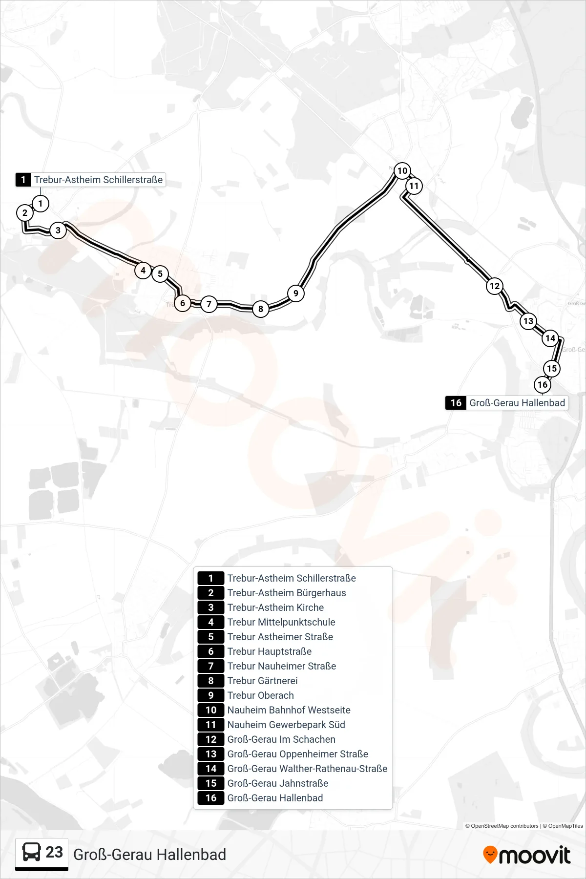 Linie 23 (Bus) Richtung Groß-Gerau Hallenbad: Route und Haltestellen auf der Karte