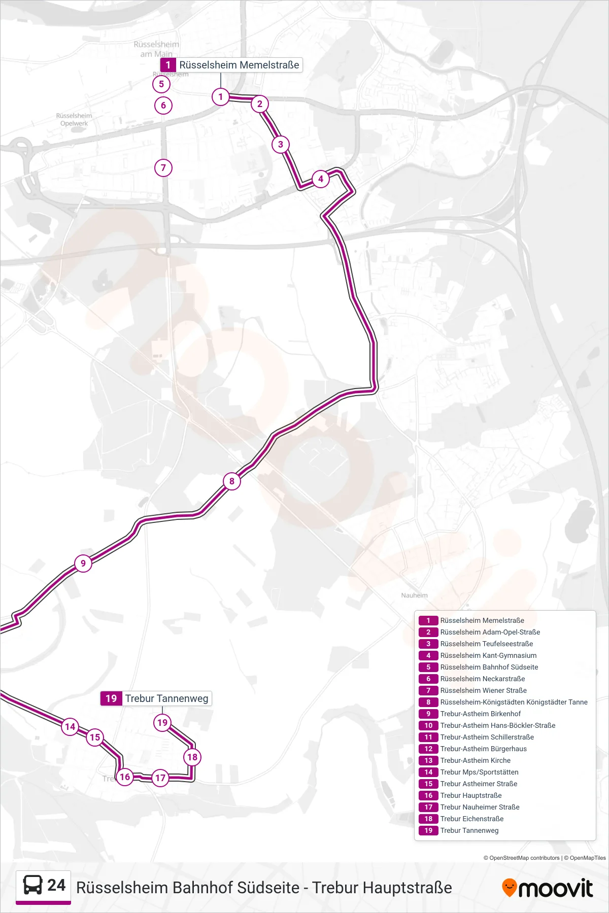 24 bus Line (Trebur Tannenweg) route and stops on a map