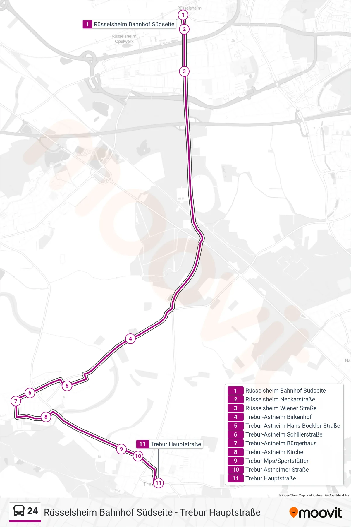 Linie 24 (Bus) Richtung Trebur Hauptstraße: Route und Haltestellen auf der Karte