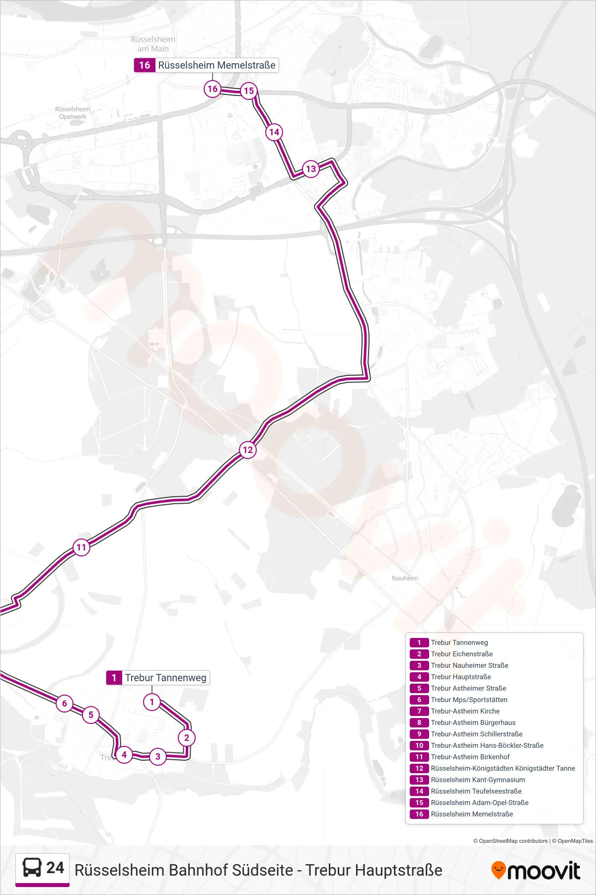 24 bus Line (Rüsselsheim Memelstraße) route and stops on a map