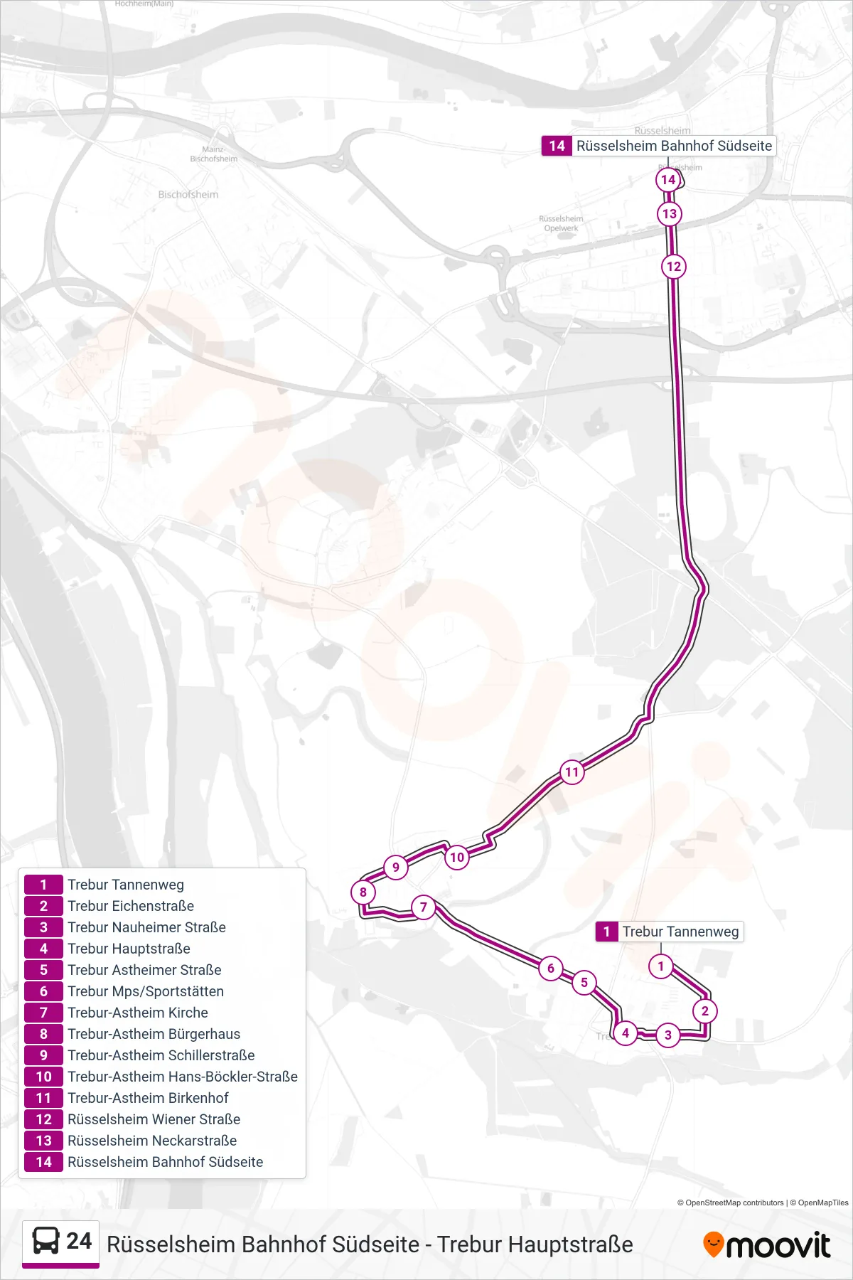24 bus Line (Rüsselsheim Bahnhof Südseite) route and stops on a map