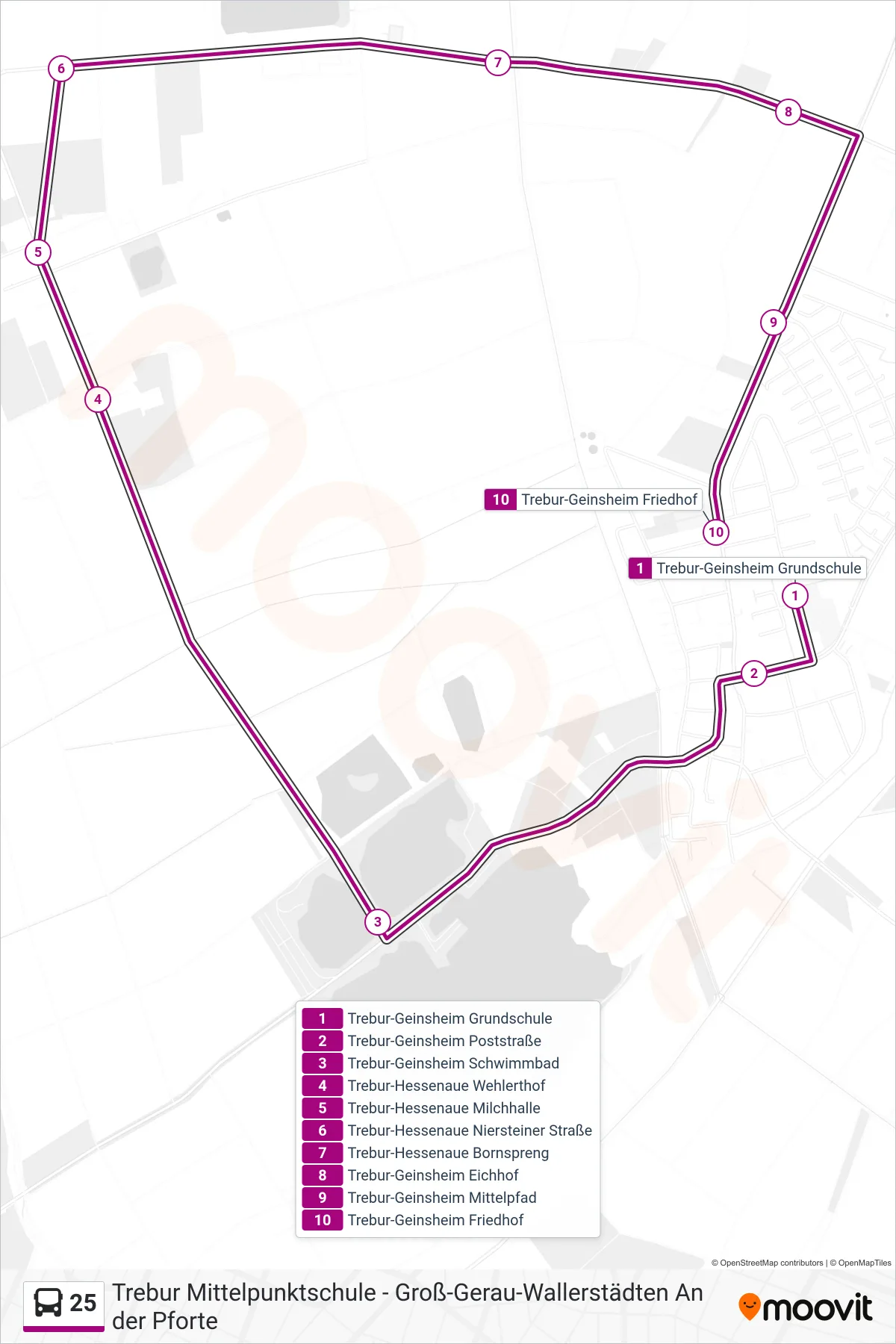 25 bus Line (Trebur-Geinsheim Friedhof) route and stops on a map