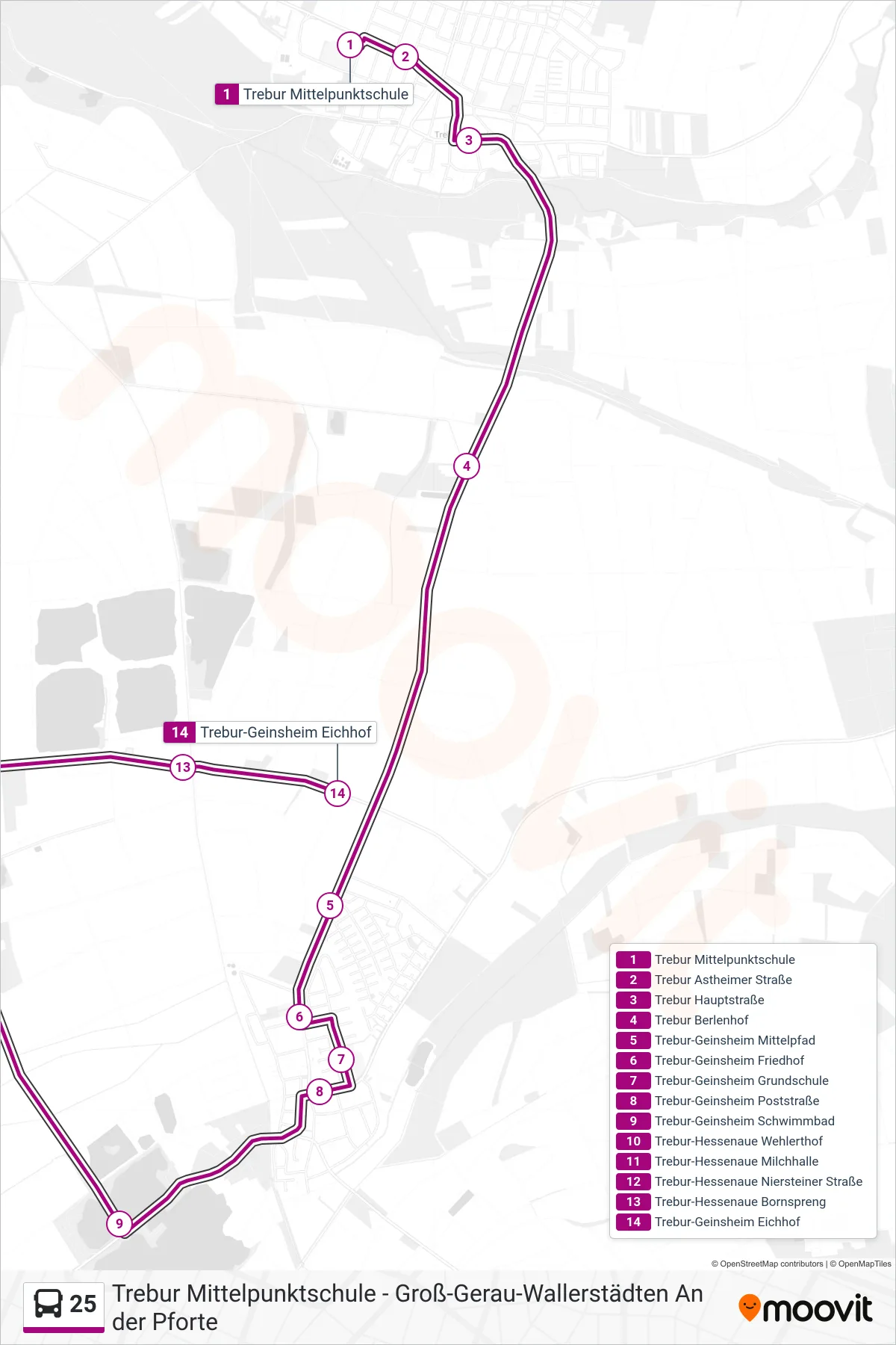 25 bus Line (Trebur-Geinsheim Eichhof) route and stops on a map