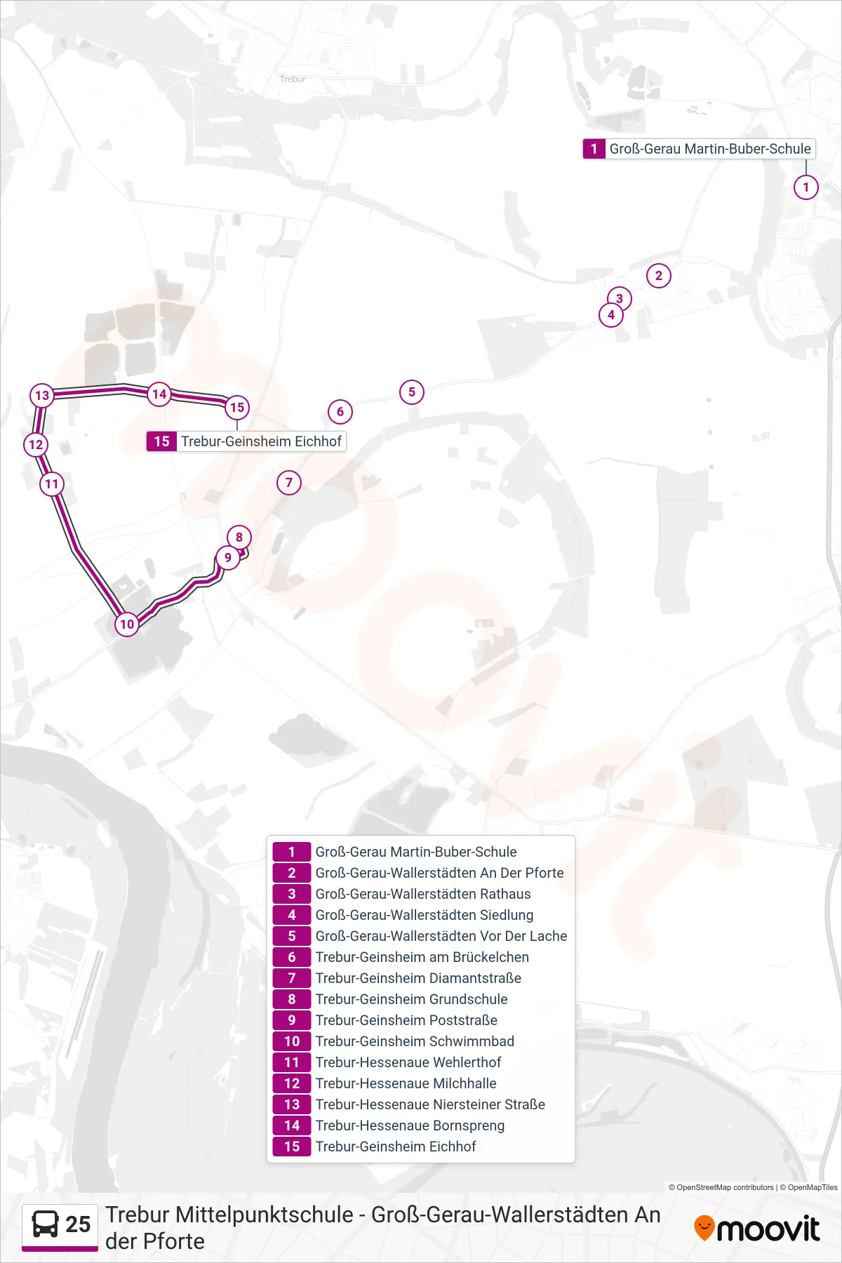 25 bus Line (Trebur-Geinsheim Eichhof) route and stops on a map