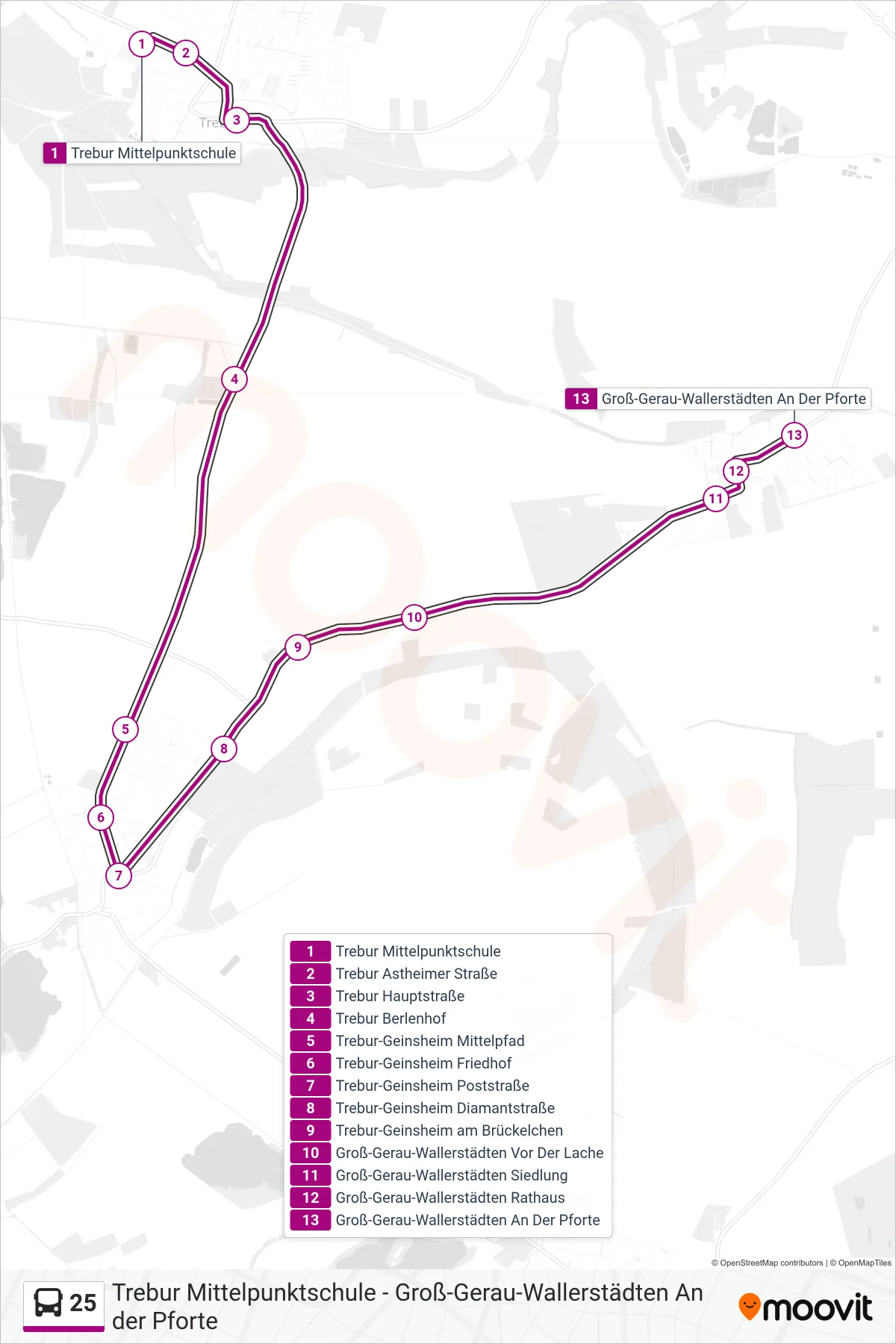 25 bus Line (Groß-Gerau-Wallerstädten An Der Pforte) route and stops on a map