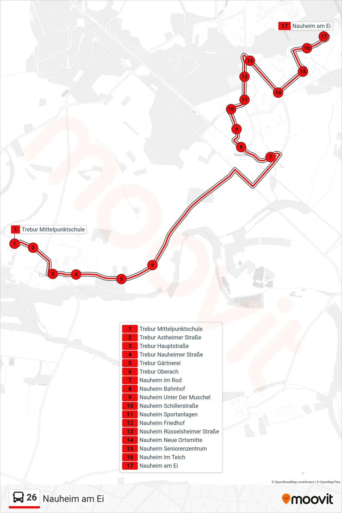 26 bus Line (Nauheim am Ei) route and stops on a map