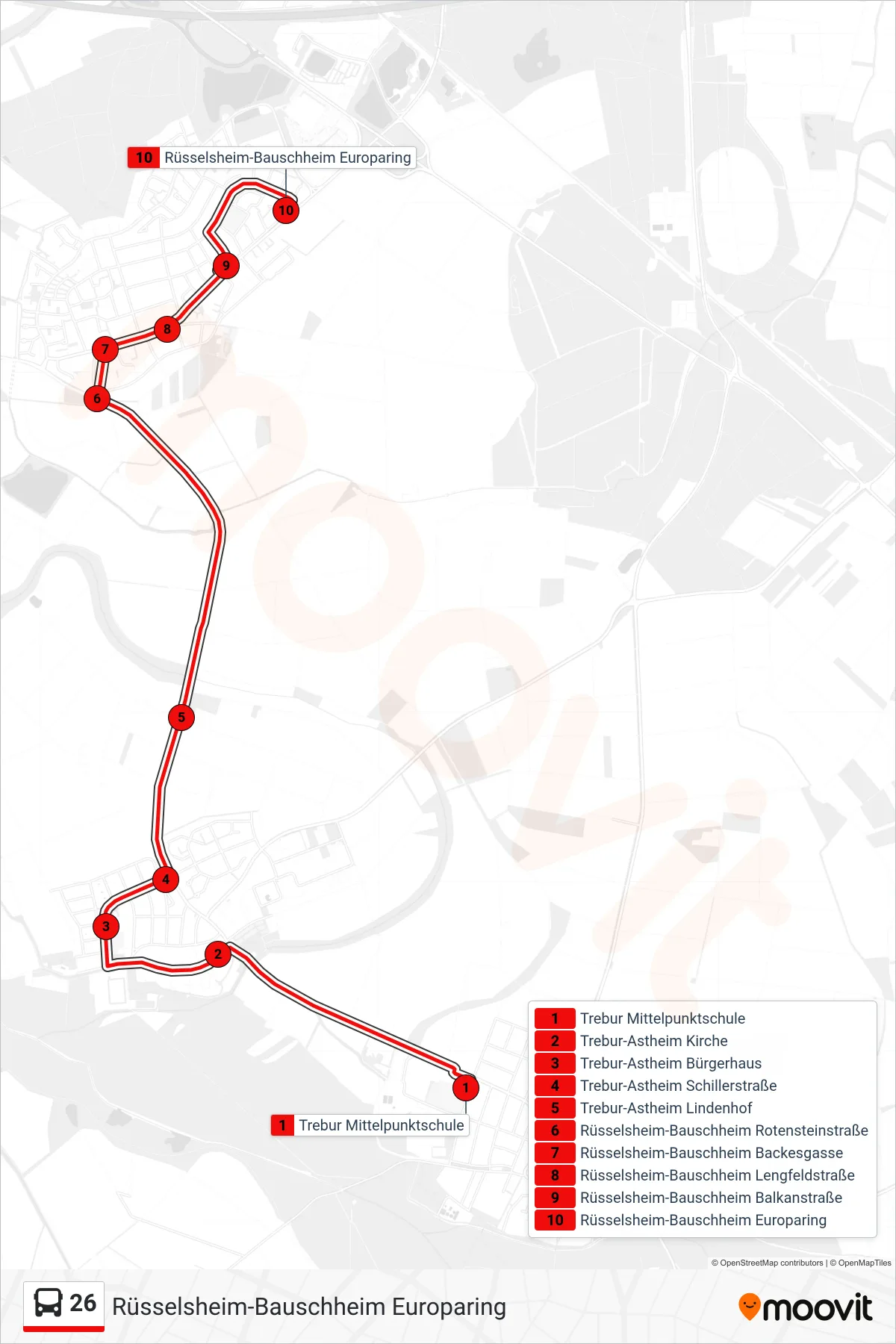 Linie 26 (Bus) Richtung Rüsselsheim-Bauschheim Europaring: Route und Haltestellen auf der Karte