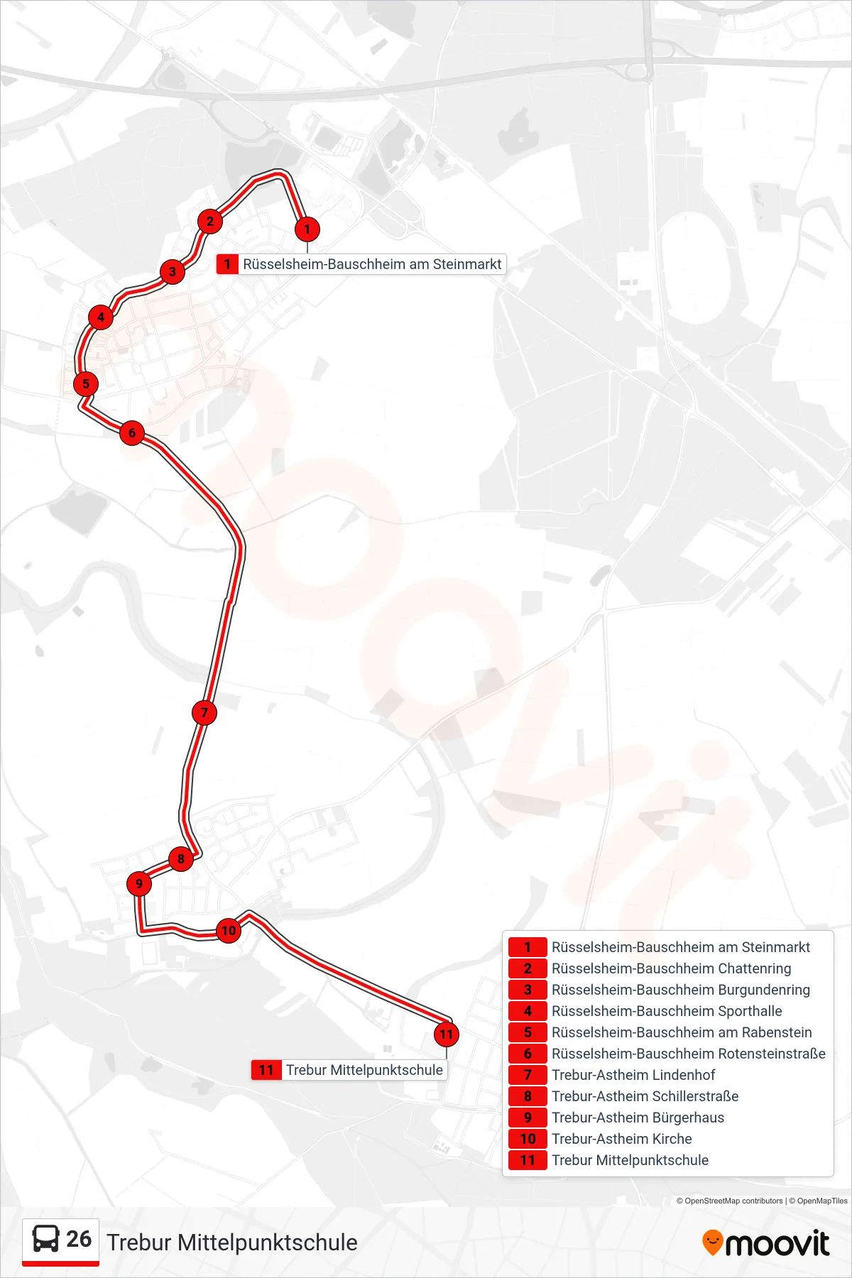 26 bus Line (Trebur Mittelpunktschule) route and stops on a map