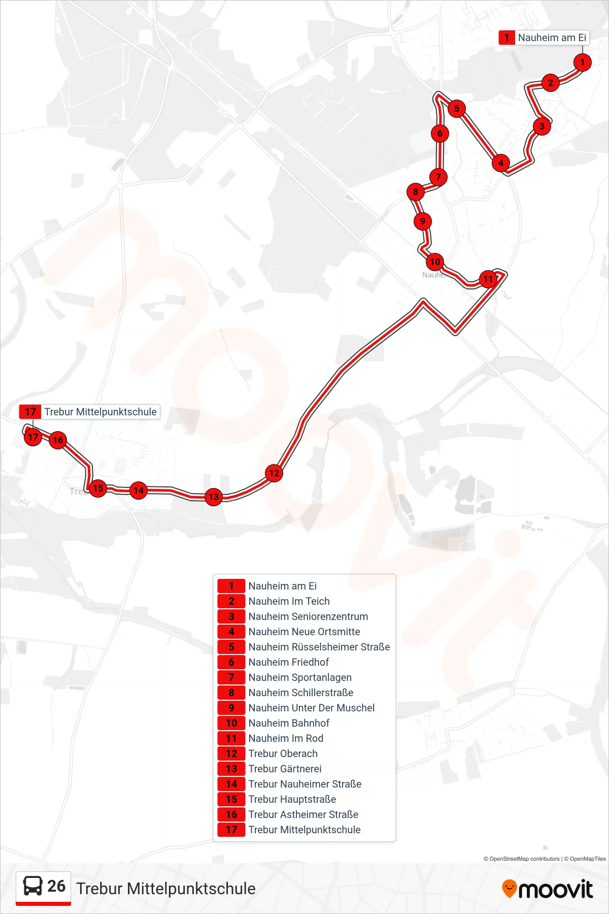 26 bus Line (Trebur Mittelpunktschule) route and stops on a map