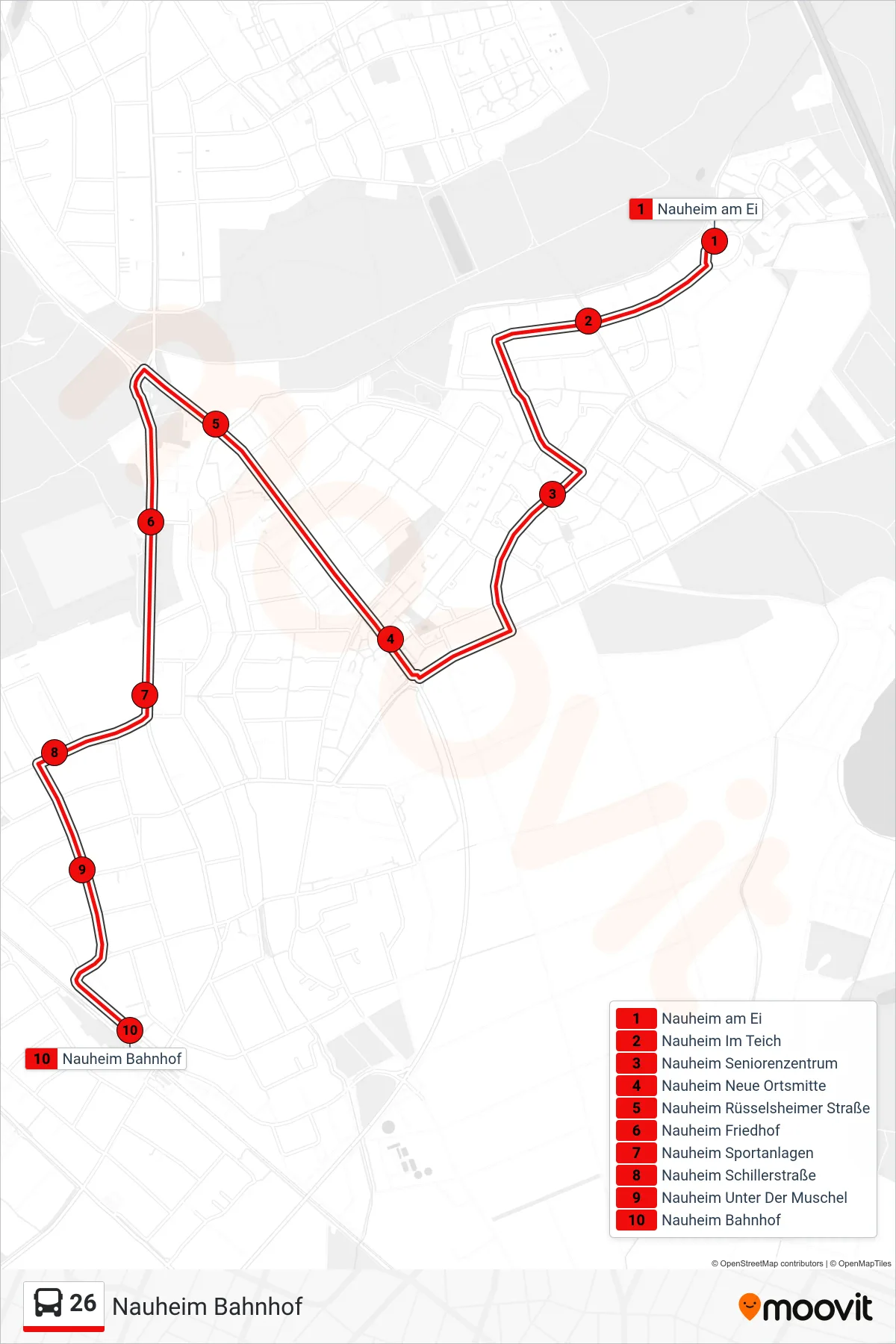 26 bus Line (Nauheim Bahnhof) route and stops on a map