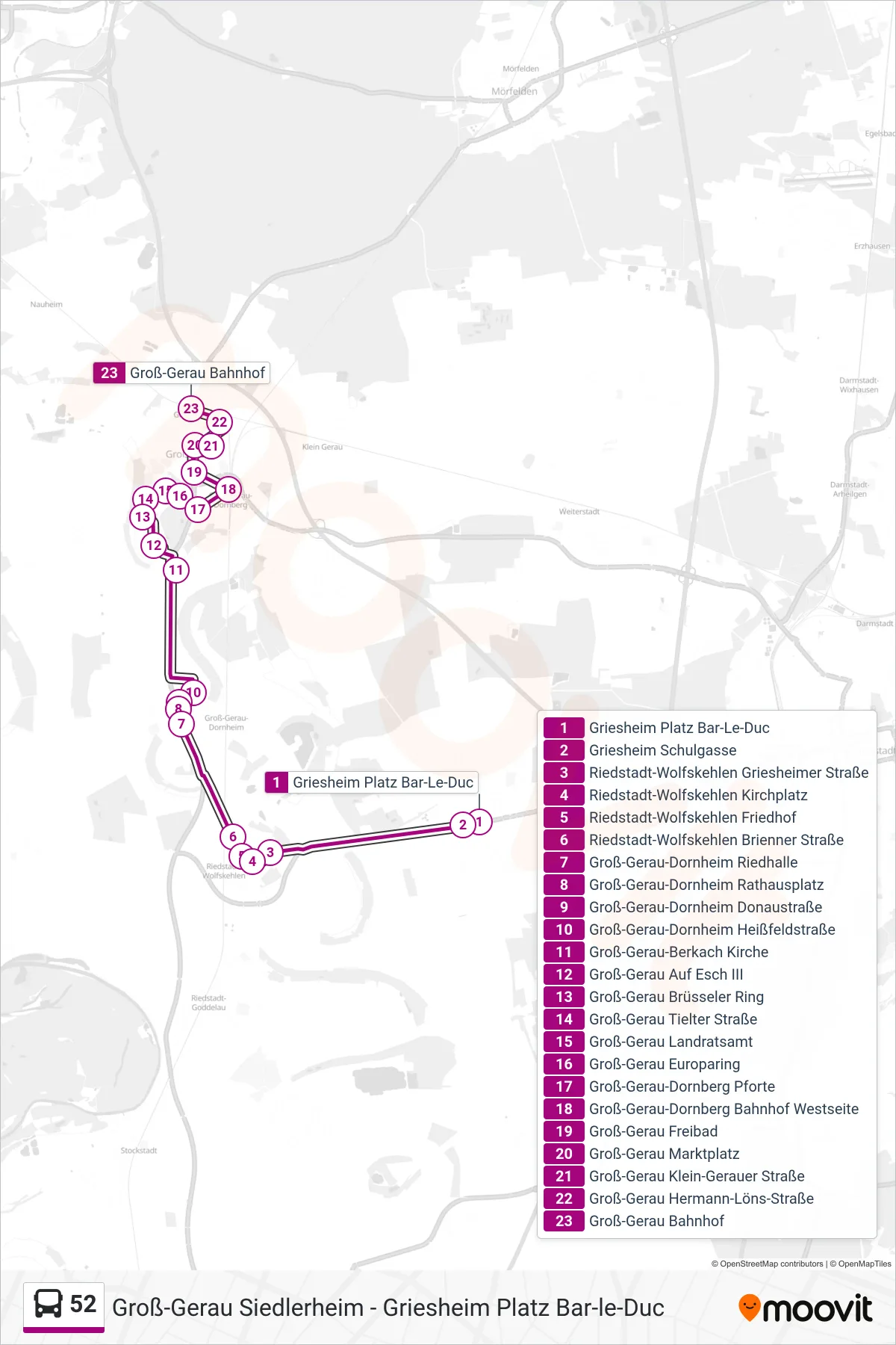 52 bus Line (Groß-Gerau Bahnhof) route and stops on a map