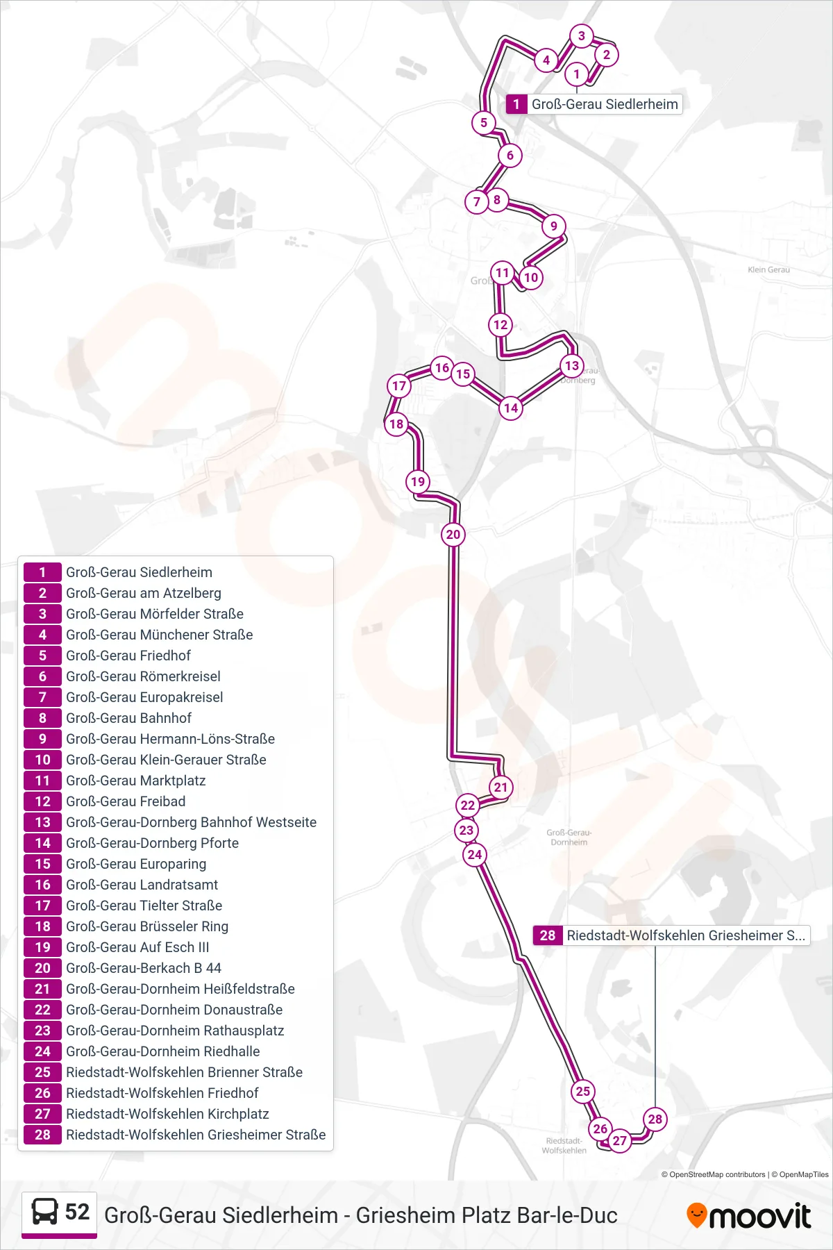 52 bus Line (Riedstadt-Wolfskehlen Griesheimer Straße) route and stops on a map