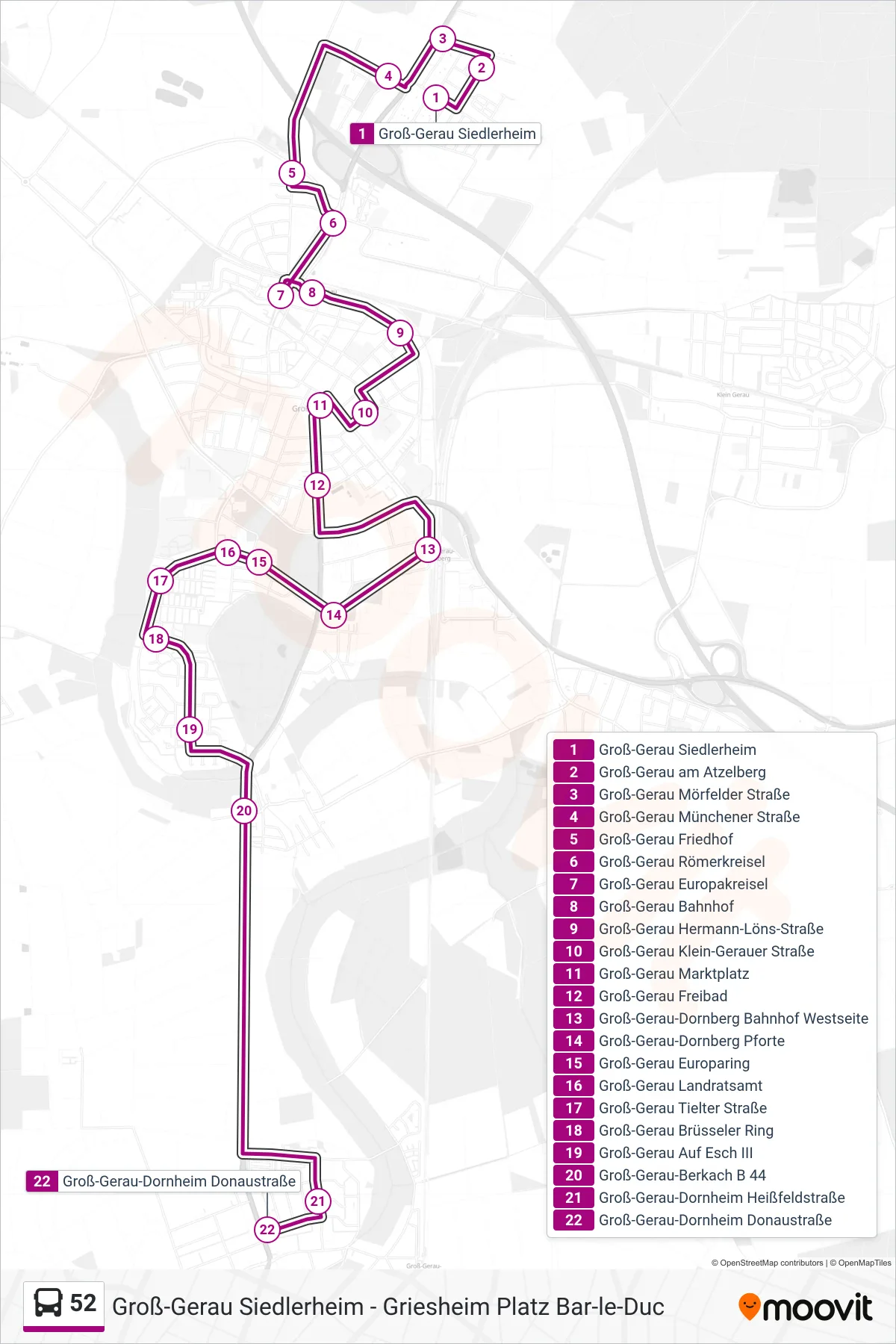52 bus Line (Groß-Gerau-Dornheim Donaustraße) route and stops on a map