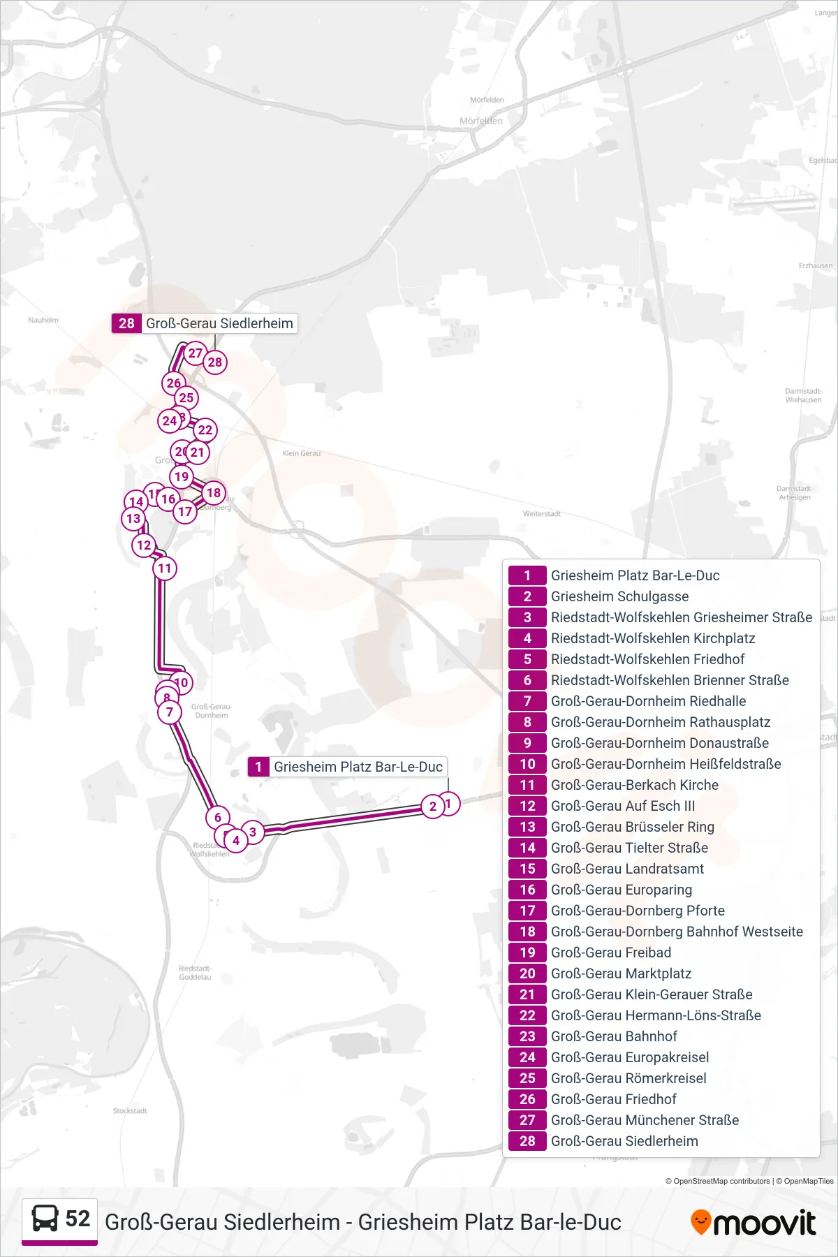 Linie 52 (Bus) Richtung Groß-Gerau Siedlerheim: Route und Haltestellen auf der Karte