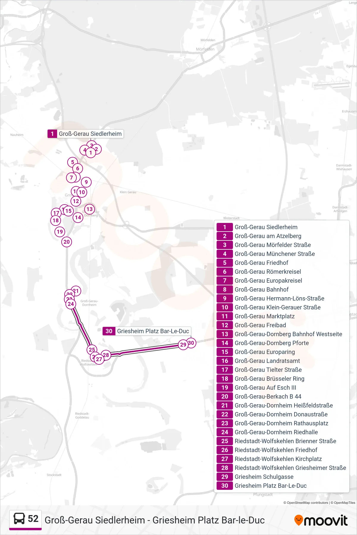 52 bus Line (Griesheim Platz Bar-Le-Duc) route and stops on a map