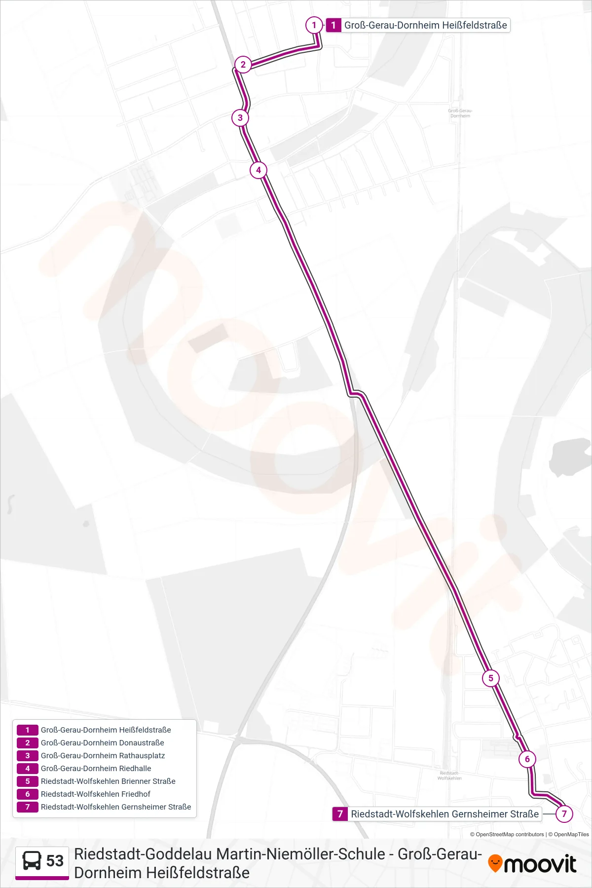53 bus Line (Riedstadt-Wolfskehlen Gernsheimer Straße) route and stops on a map