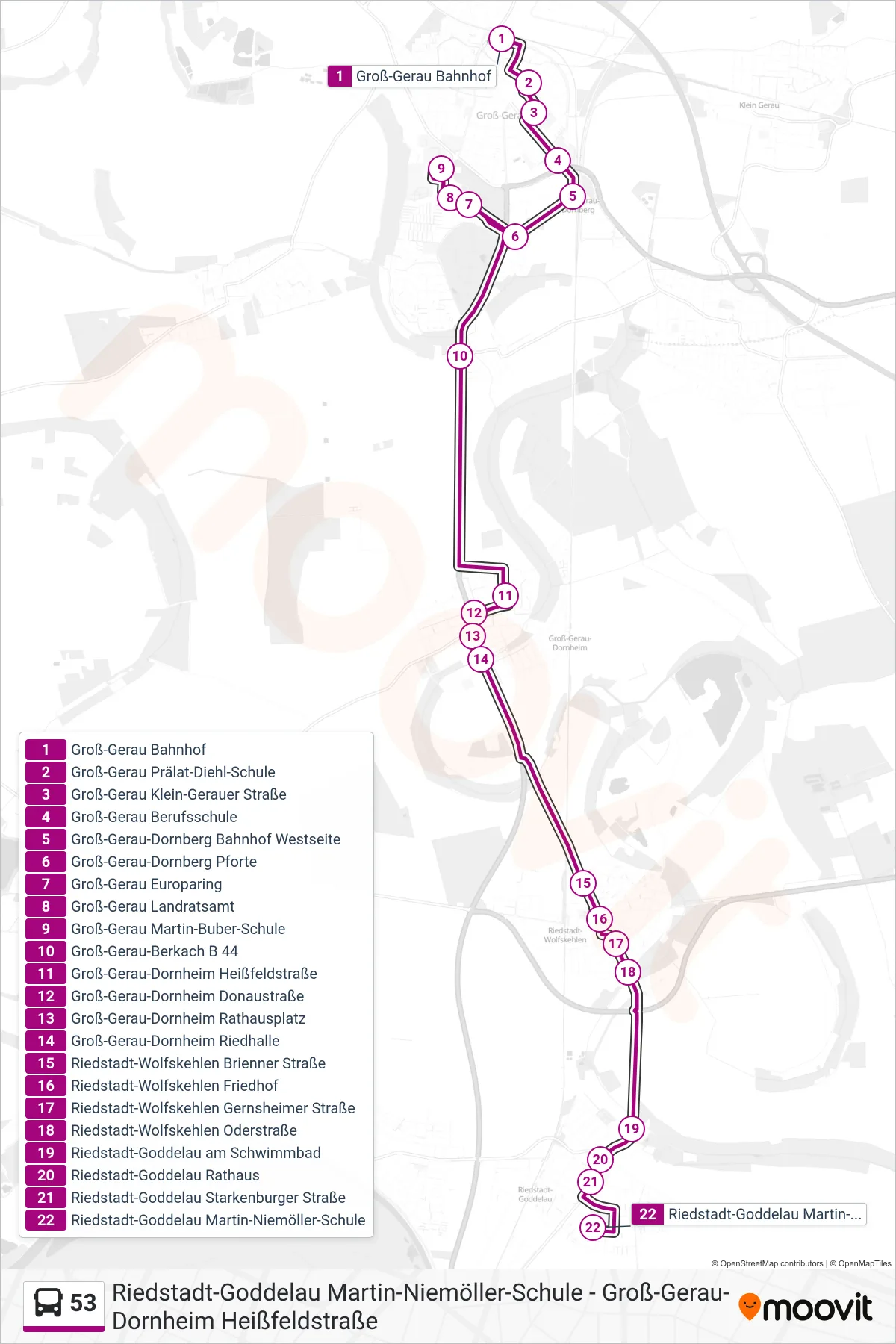 Linie 53 (Bus) Richtung Riedstadt-Goddelau Martin-Niemöller-Schule: Route und Haltestellen auf der Karte