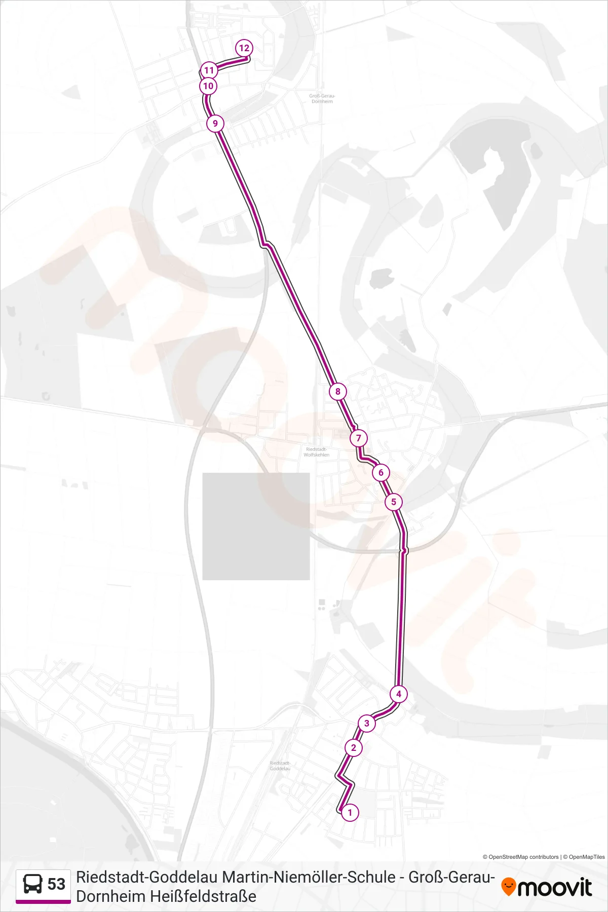 53 bus Line (Groß-Gerau-Dornheim Heißfeldstraße) route and stops on a map
