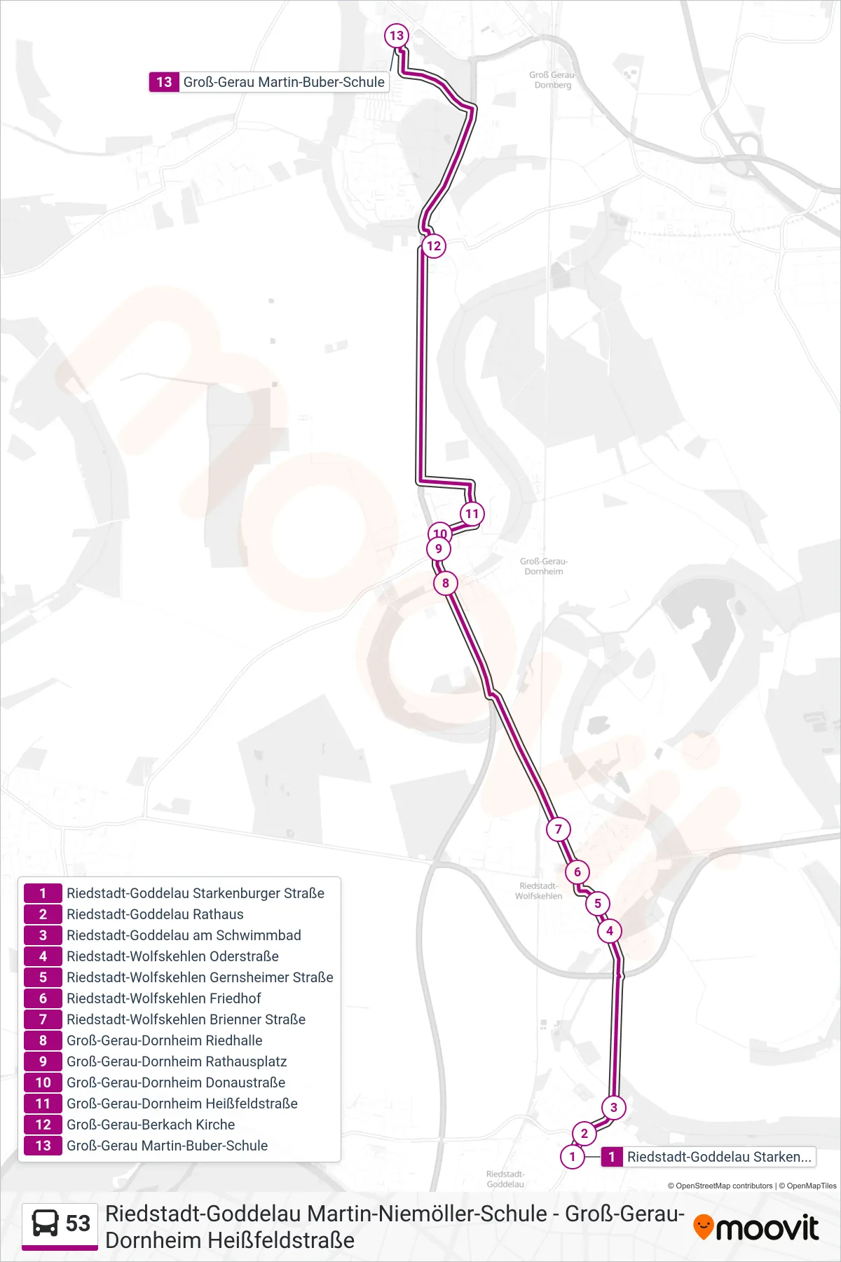 53 bus Line (Groß-Gerau Martin-Buber-Schule) route and stops on a map