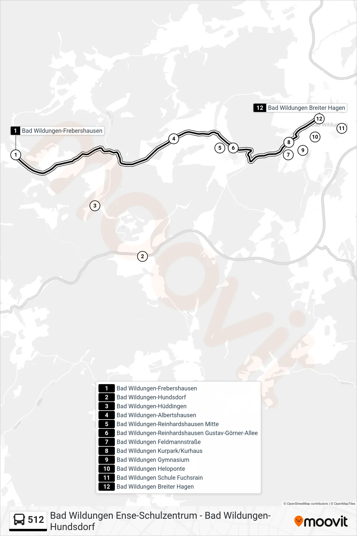 512 bus Line (Bad Wildungen - Breiter Hagen) route and stops on a map