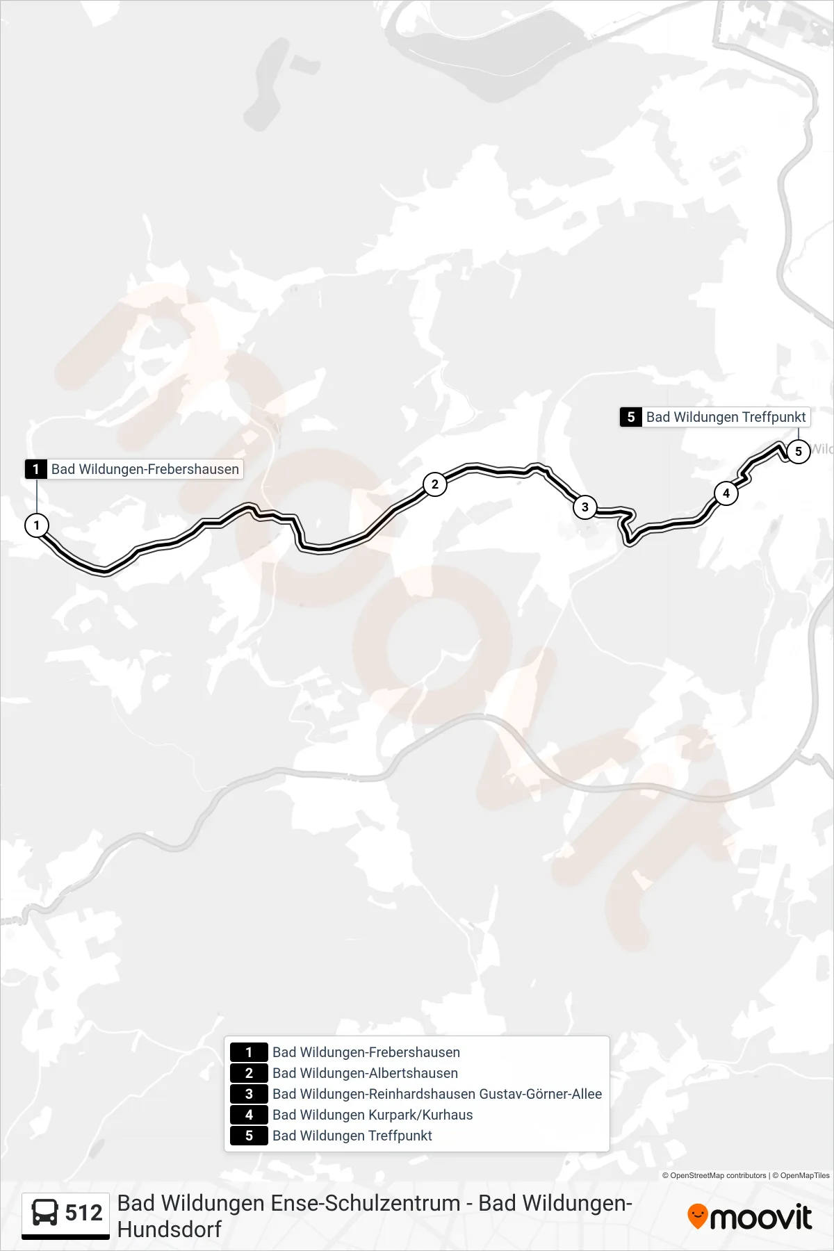 512 bus Line (Bad Wildungen, Treffpunkt) route and stops on a map