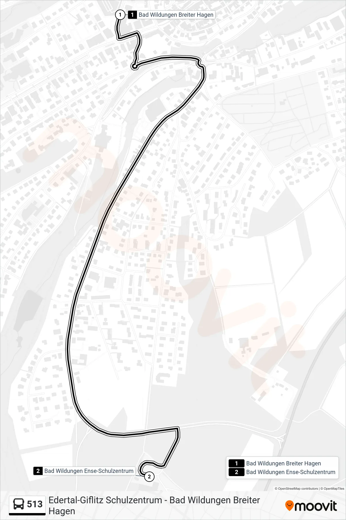 513 bus Line (Bad Wildungen, Ense-Schule) route and stops on a map