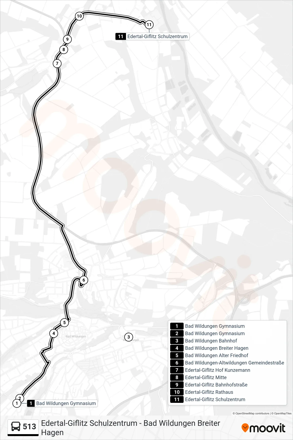 513 bus Line (Edertal - Giflitz, Schulzentrum) route and stops on a map