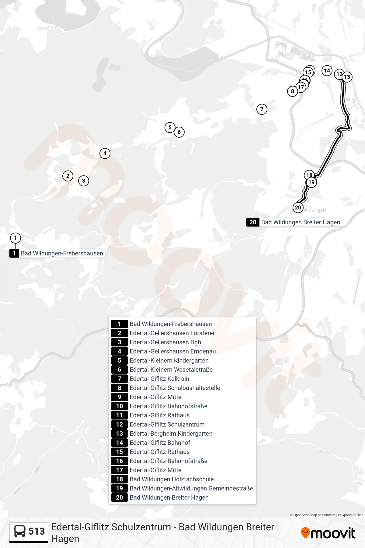 513 bus Line (Bad Wildungen - Breiter Hagen) route and stops on a map