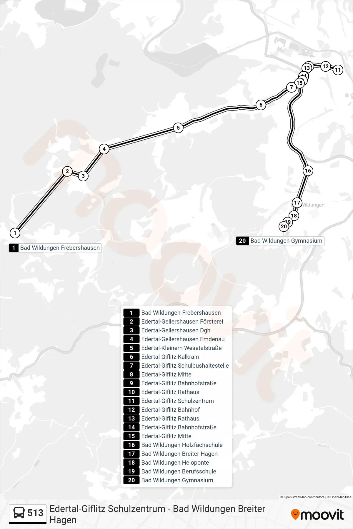 Linie 513 (Bus) Richtung Bad Wildungen, Gymnasium: Route und Haltestellen auf der Karte