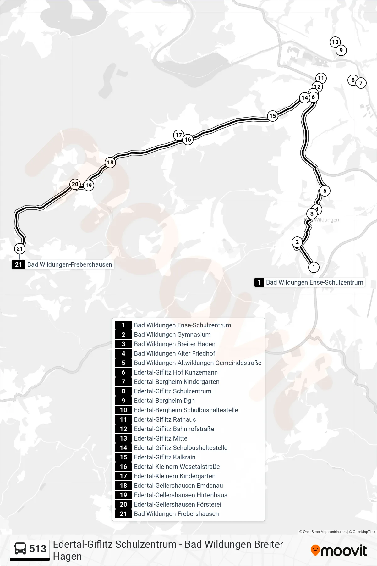 513 bus Line (Frebershausen Via Giflitz - Kleinern) route and stops on a map