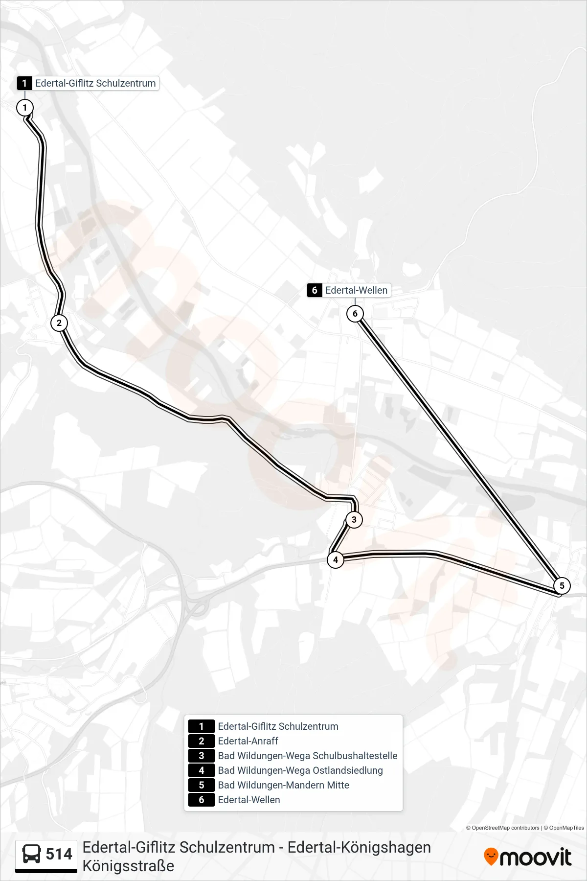 514 bus Line (Wellen) route and stops on a map
