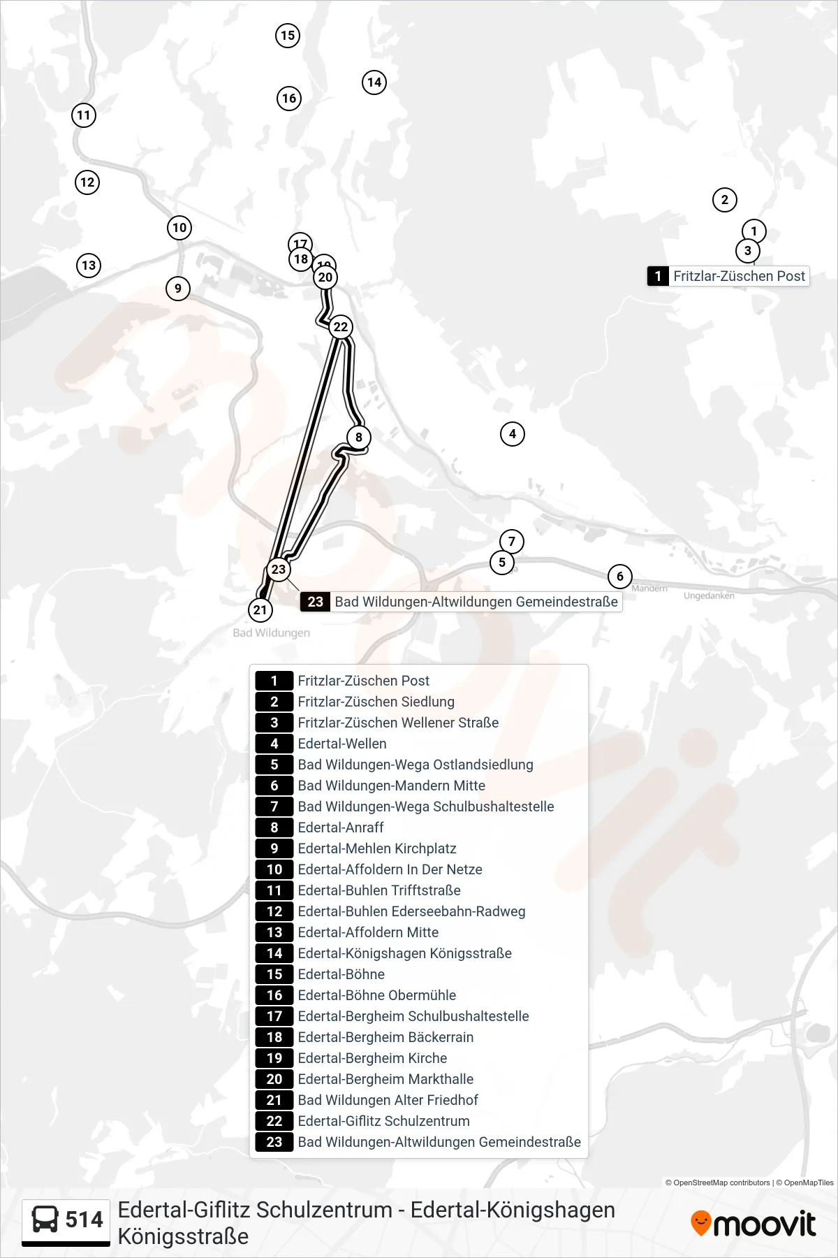 514 bus Line (Edertal - Giflitz, Schulzentrum) route and stops on a map