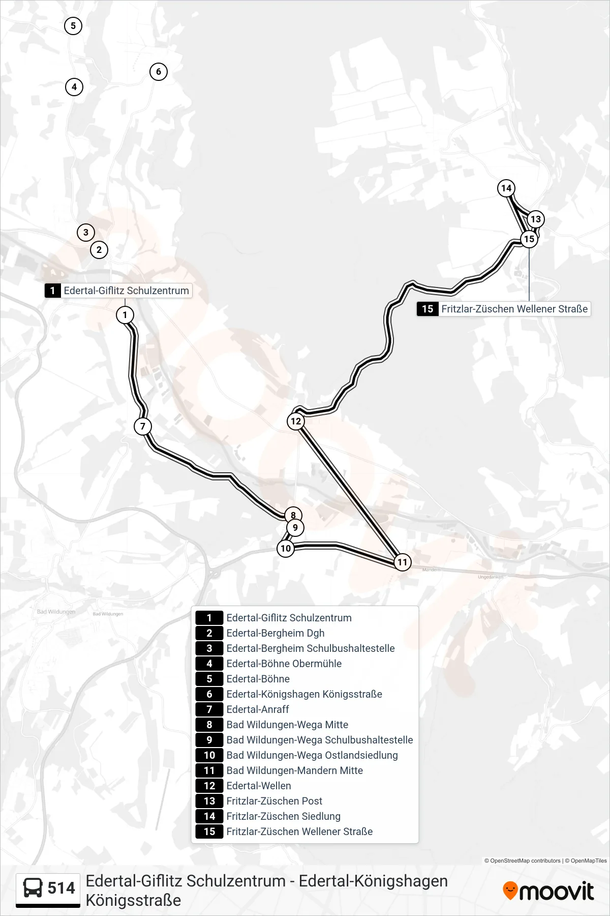 514 bus Line (Züschen Via Anraff - Wellen) route and stops on a map