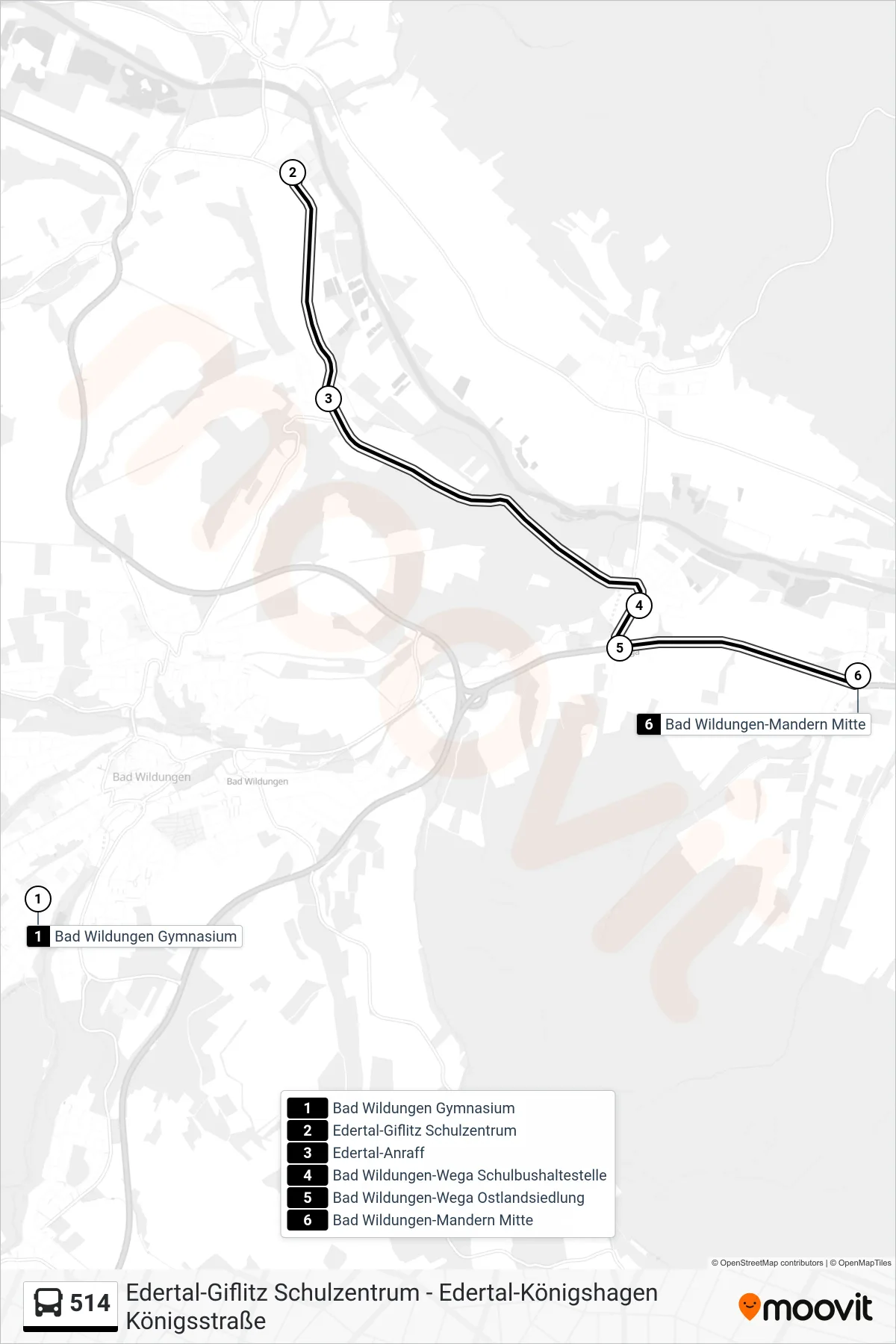 514 bus Line (Mandern) route and stops on a map