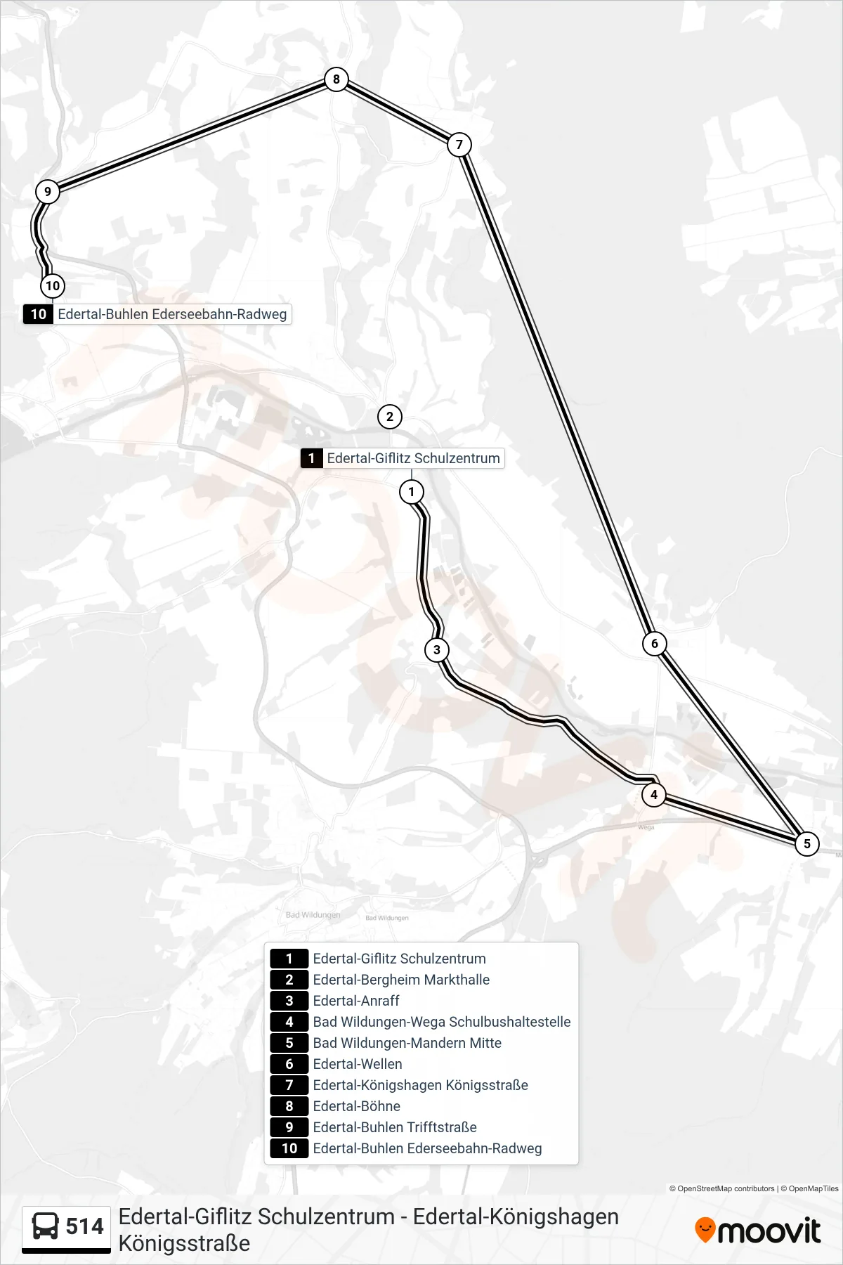 514 bus Line (Buhlen) route and stops on a map