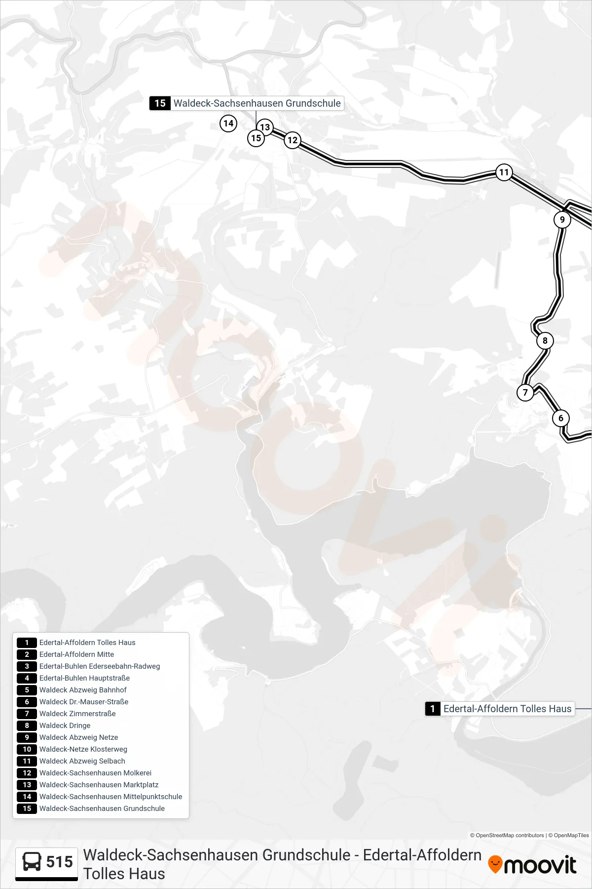 515 bus Line (Sachsenhausen) route and stops on a map