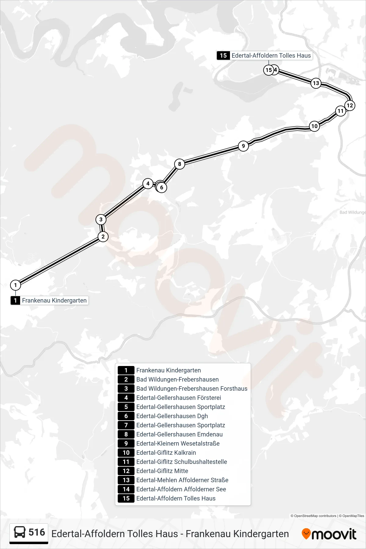 Linie 516 (Bus) Richtung Affoldern: Route und Haltestellen auf der Karte