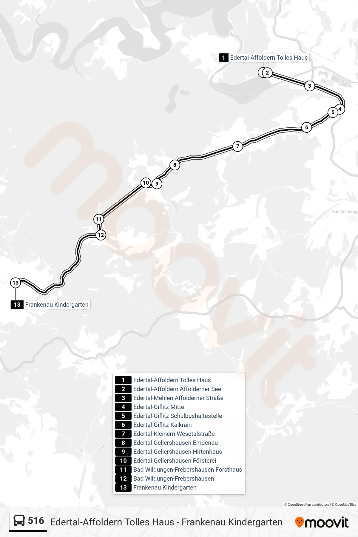 516 bus Line (Frankenau) route and stops on a map
