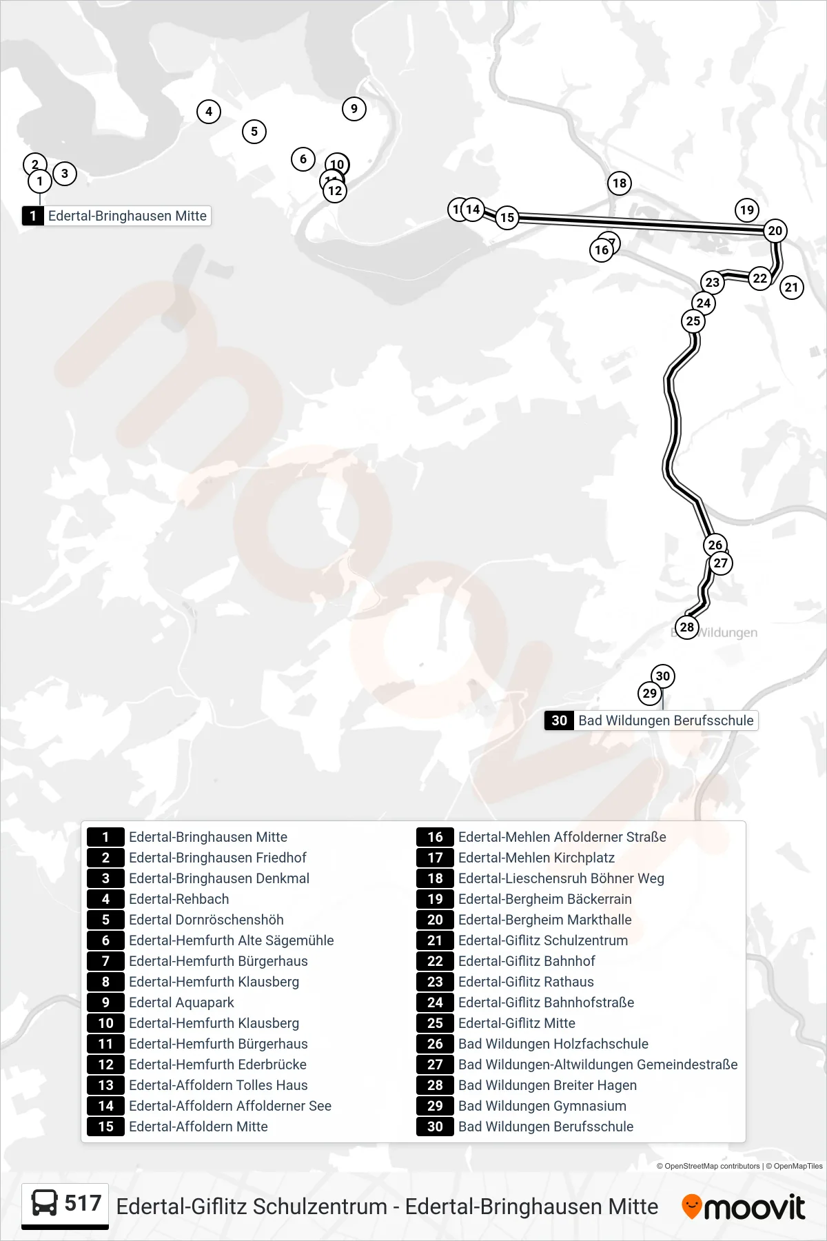 517 bus Line (Bad Wildungen) route and stops on a map