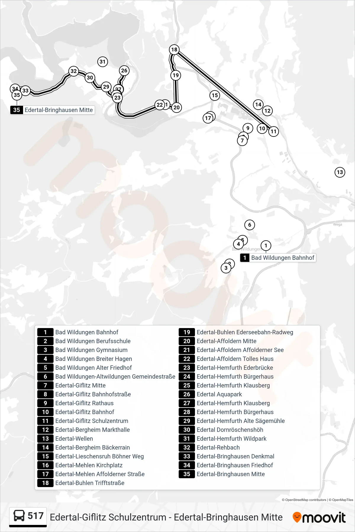 Linie 517 (Bus) Richtung Bringhausen: Route und Haltestellen auf der Karte