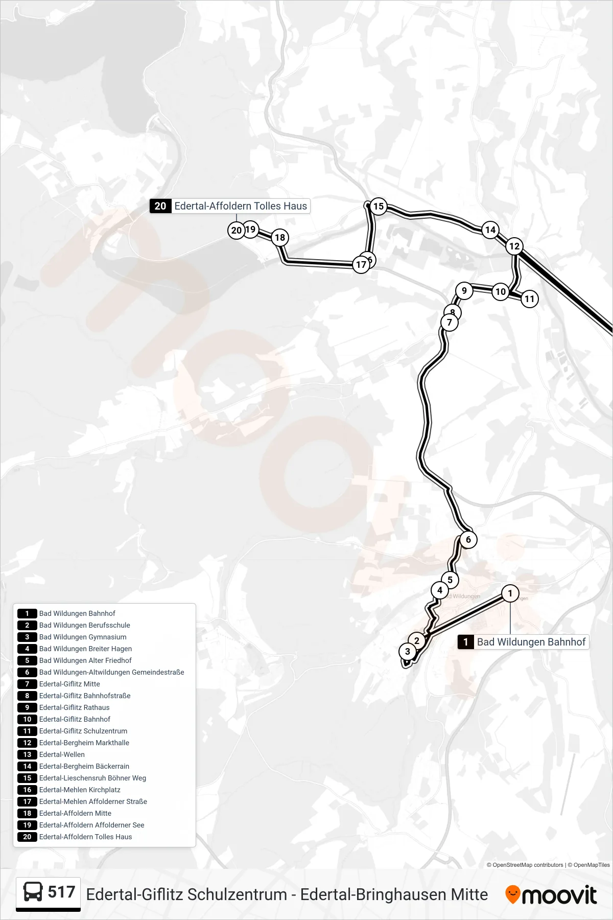 517 bus Line (Affoldern) route and stops on a map