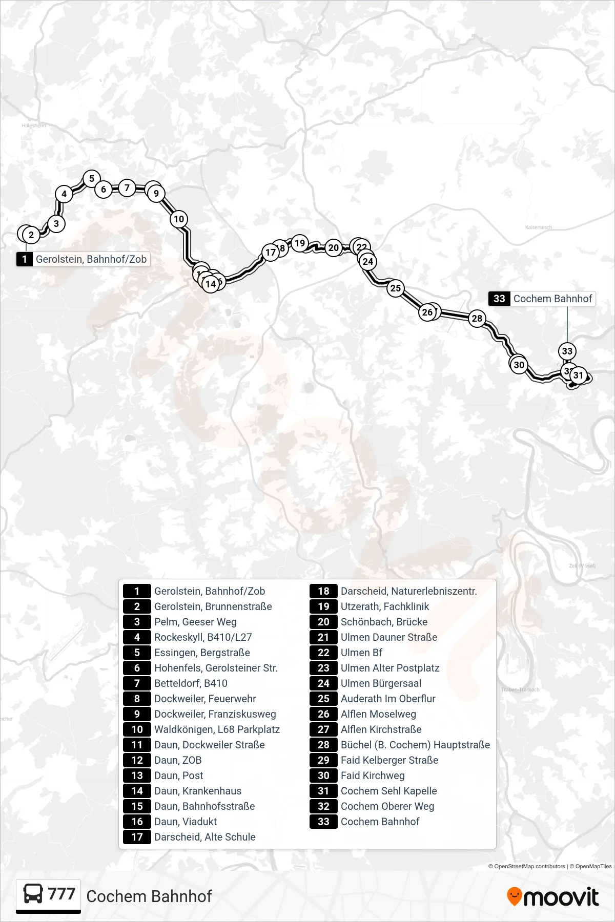777 bus Line (Cochem Bahnhof) route and stops on a map