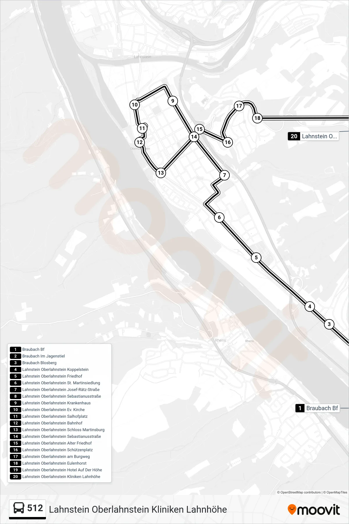 512 bus Line (Lahnstein Oberlahnstein Kliniken Lahnhöhe) route and stops on a map