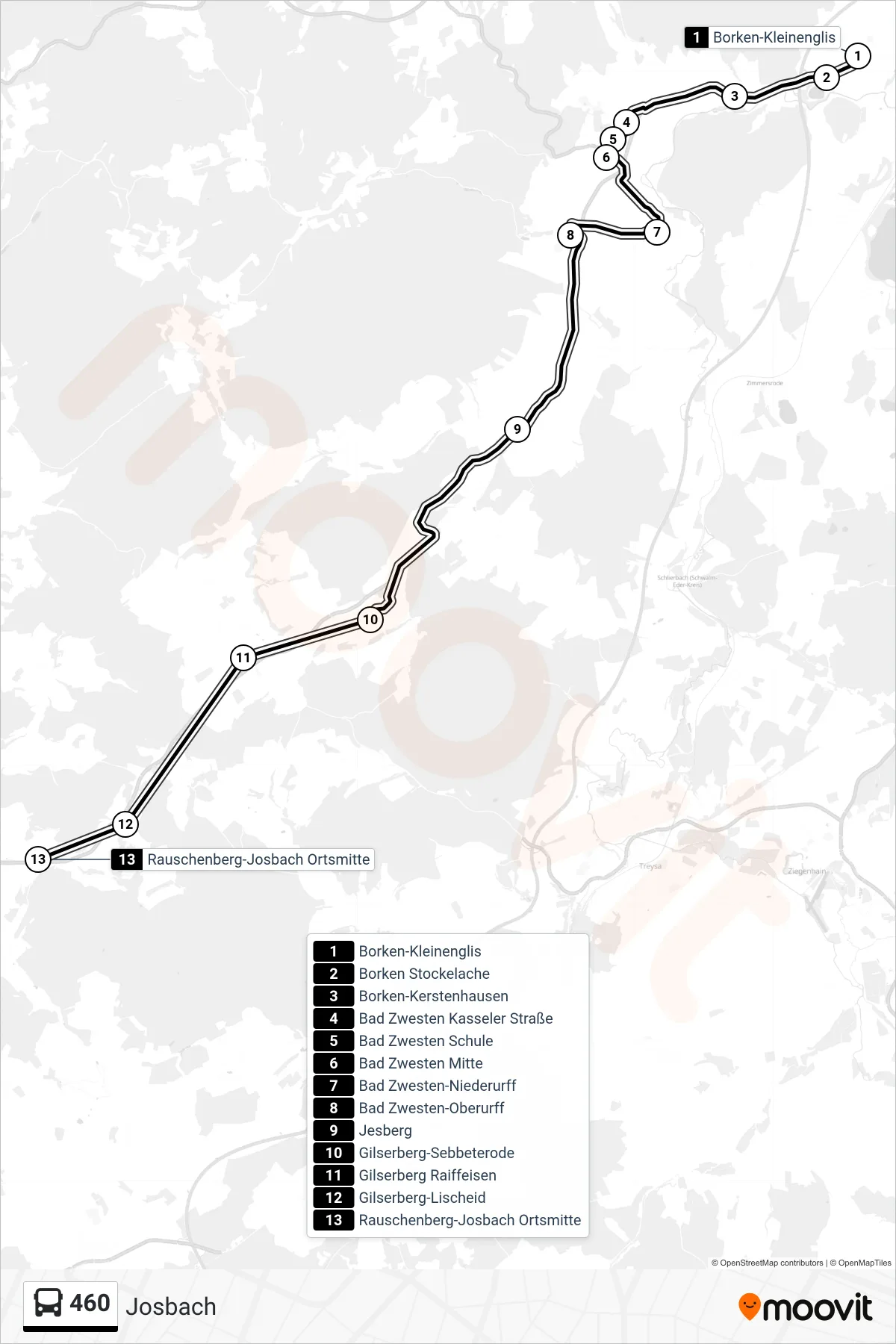 Linie 460 (Bus) Richtung Josbach: Route und Haltestellen auf der Karte