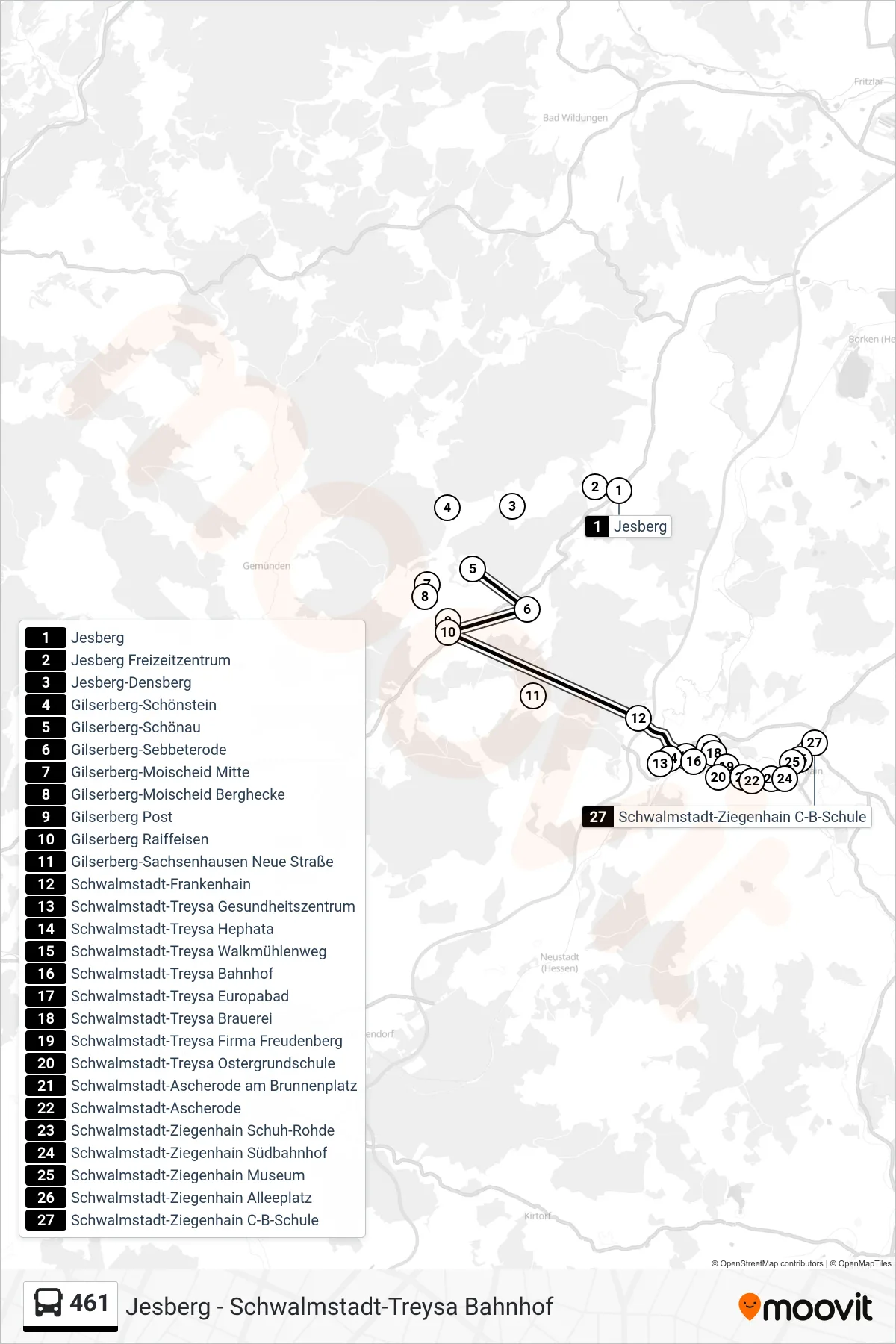 Linie 461 (Bus) Richtung Ziegenhain: Route und Haltestellen auf der Karte